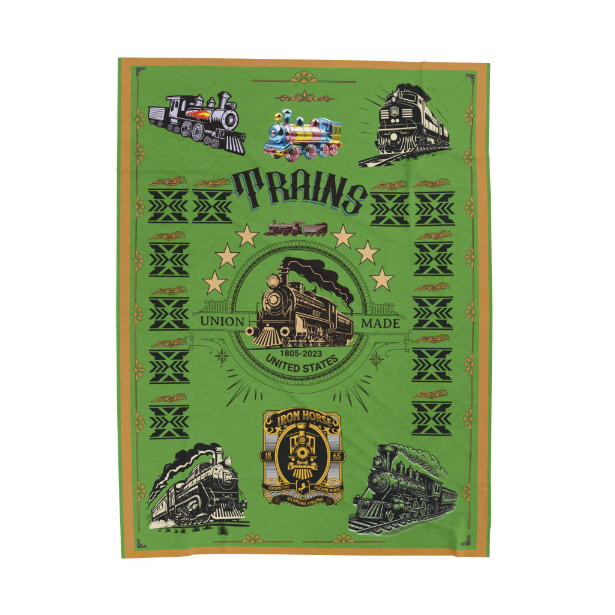 Trains 60 x 80 Green Velveteen Plush Blanket - gift for train enthusiasts.