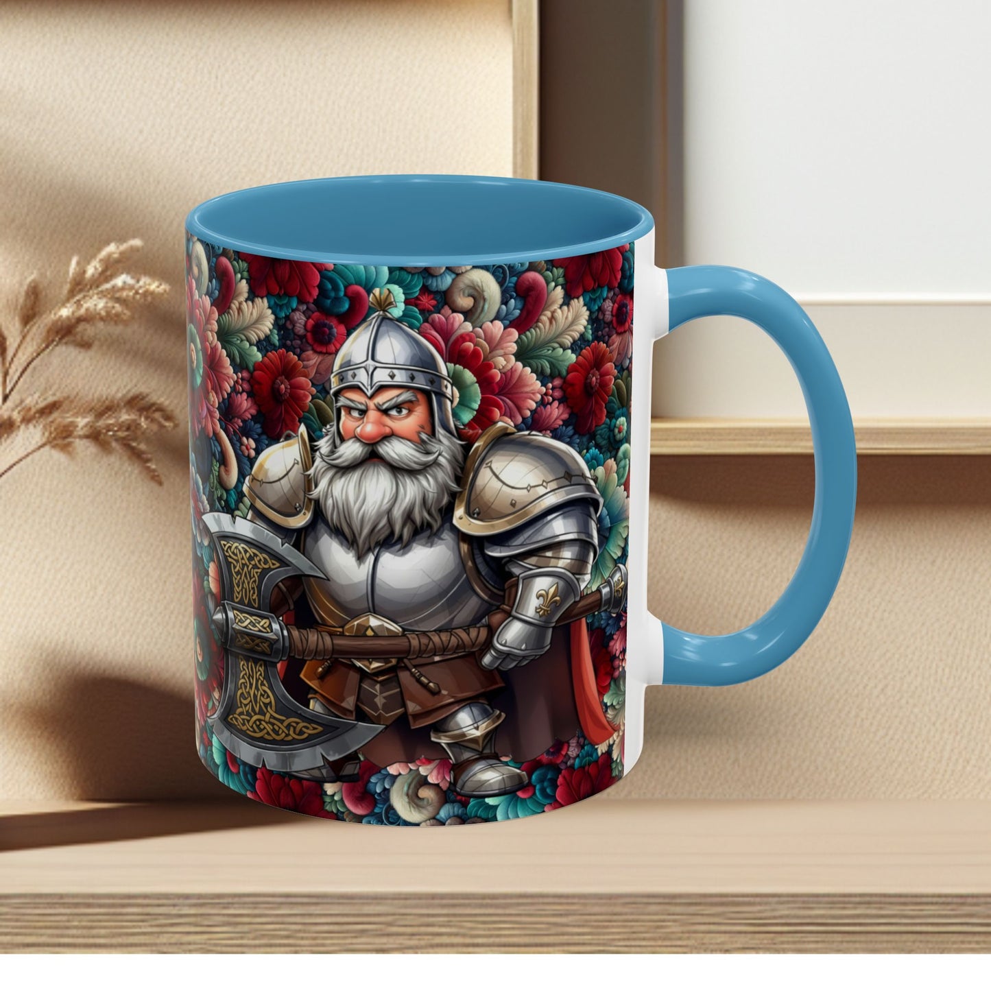 Adventurers Accent Coffee Mug — Dwarf within Armor with a Double-Bladed Battle Axe Design (11/15oz)
