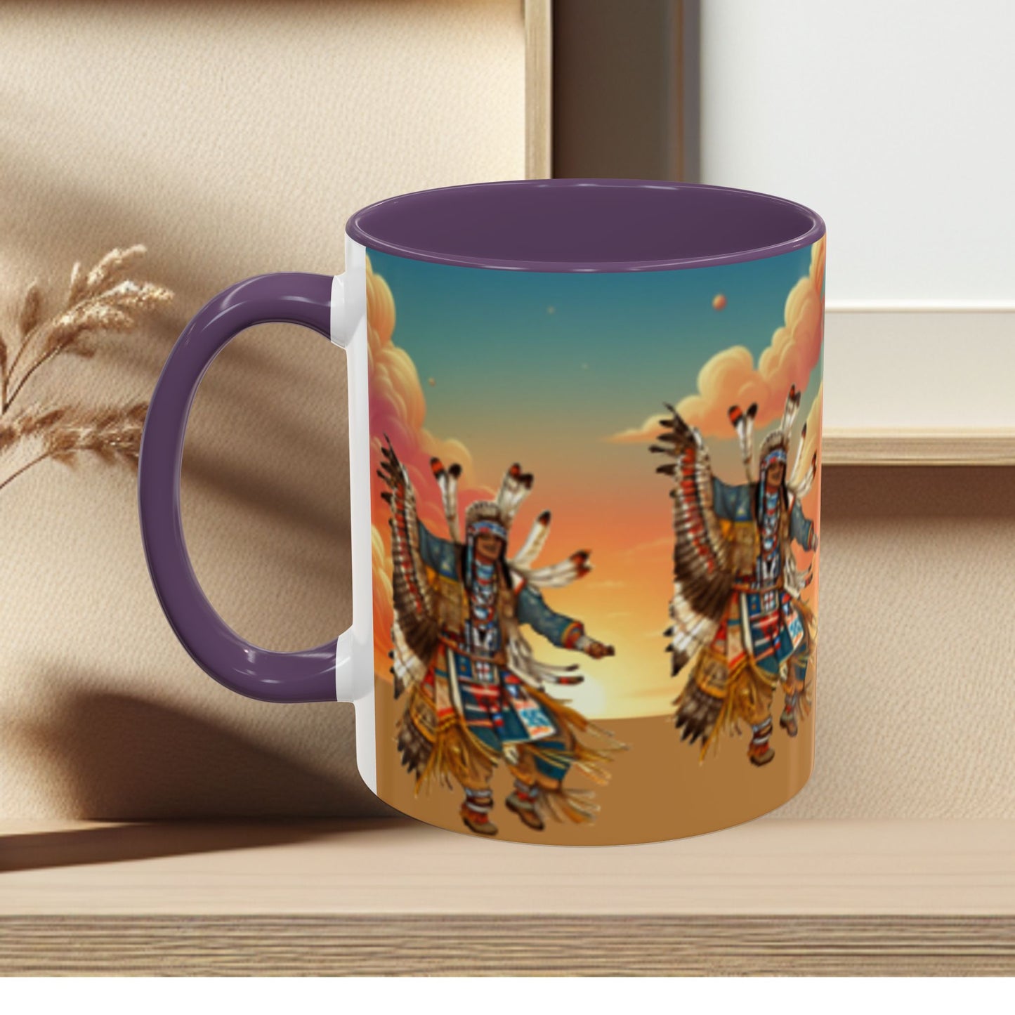 Sunset Powwow Ceramic Mug — Native American Dancer Accent Coffee Mug (11/15oz)