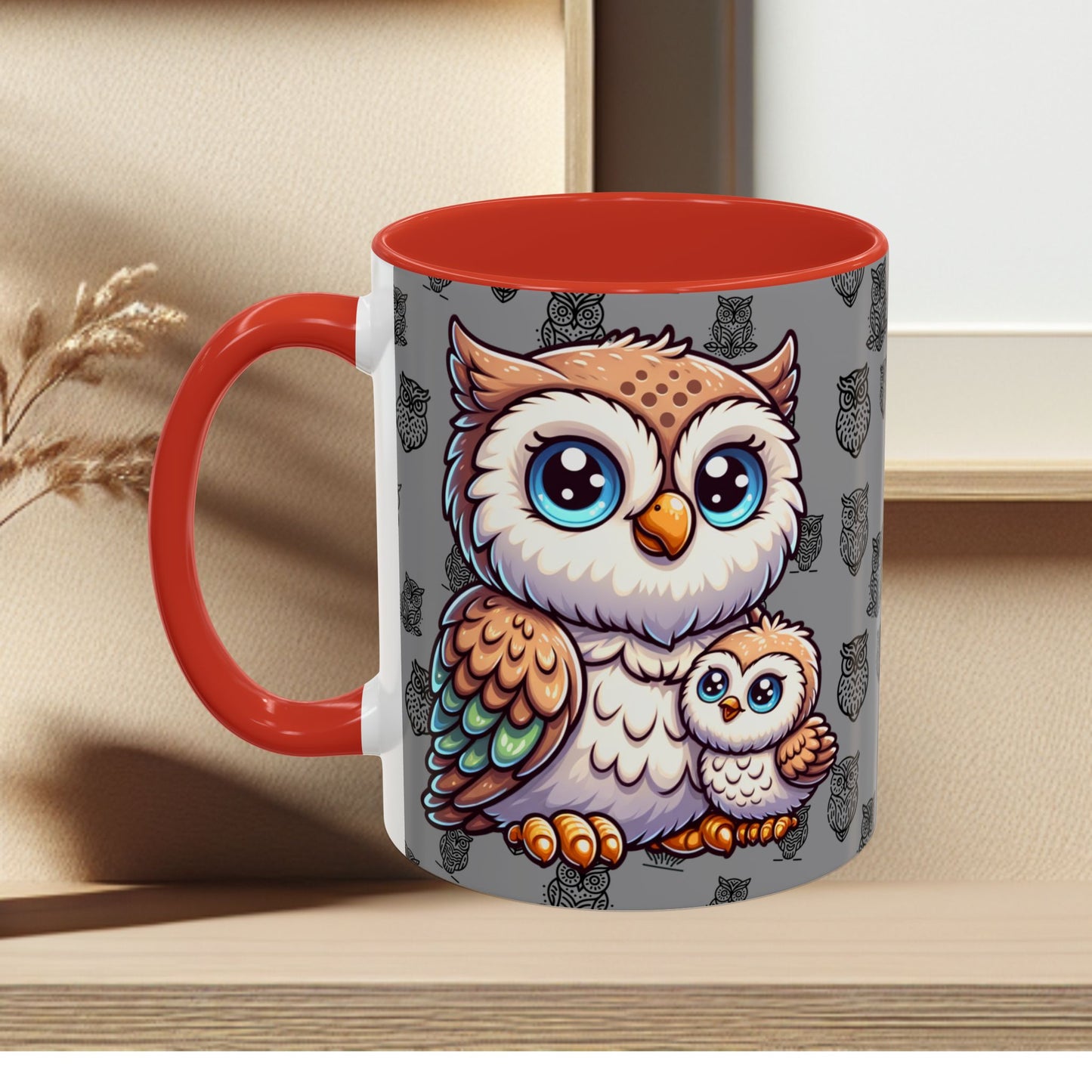 Gray Coffee Mug - Owl Family - Colorful Inspirational Owl Design