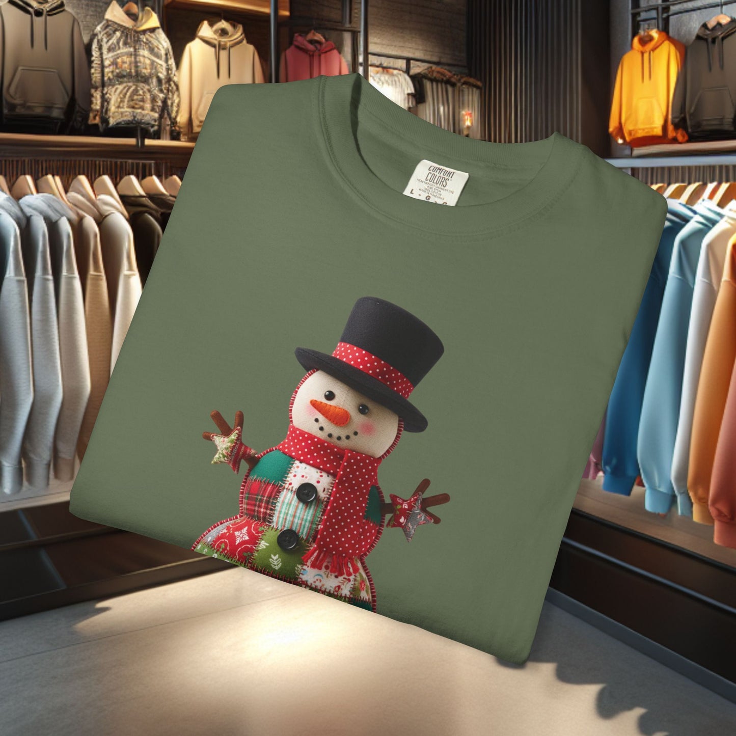Patchwork Snowman T-Shirt — "Faux Patchwork" Garment-Dyed