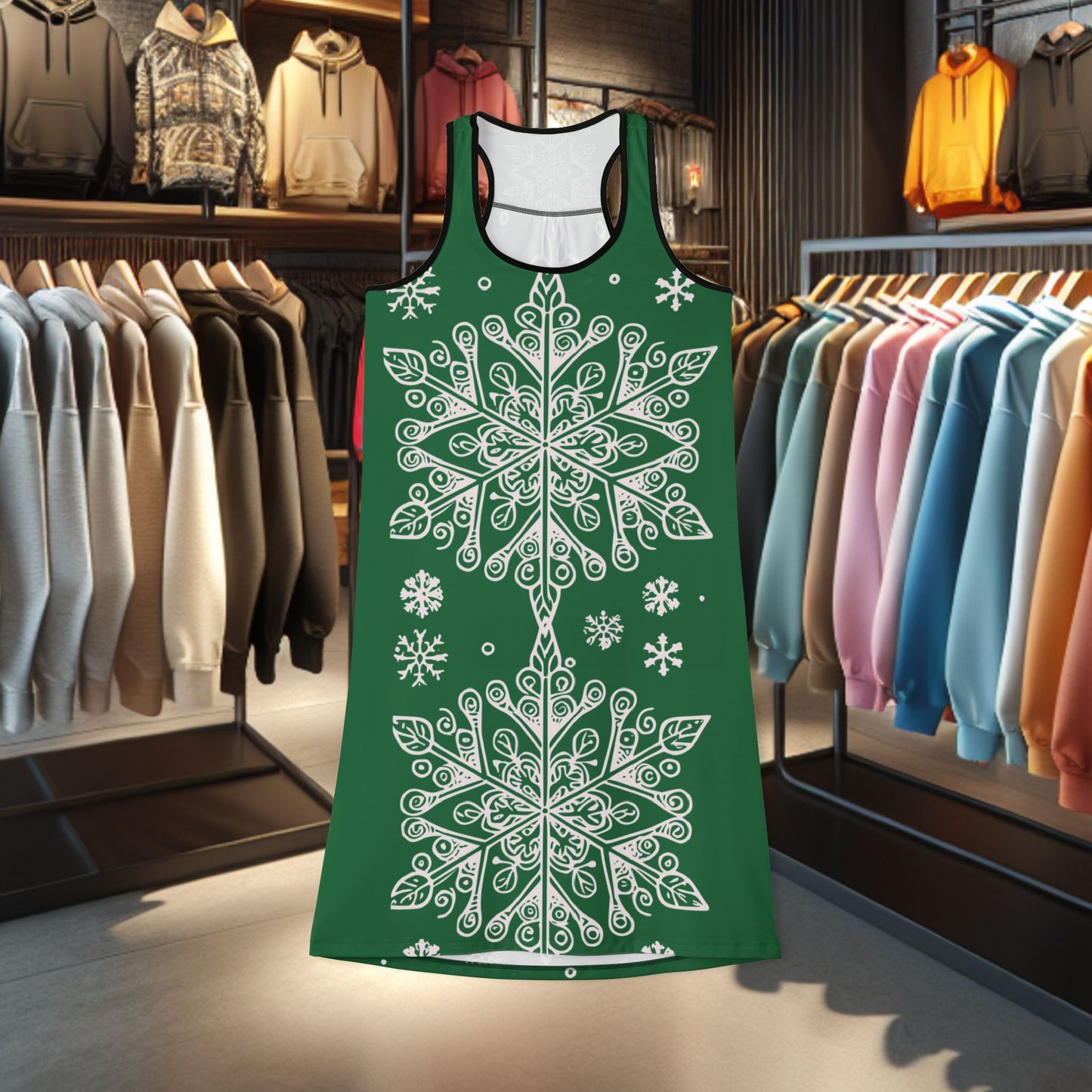 Racerback Dress — Festive Green Snowflake All-Over Print