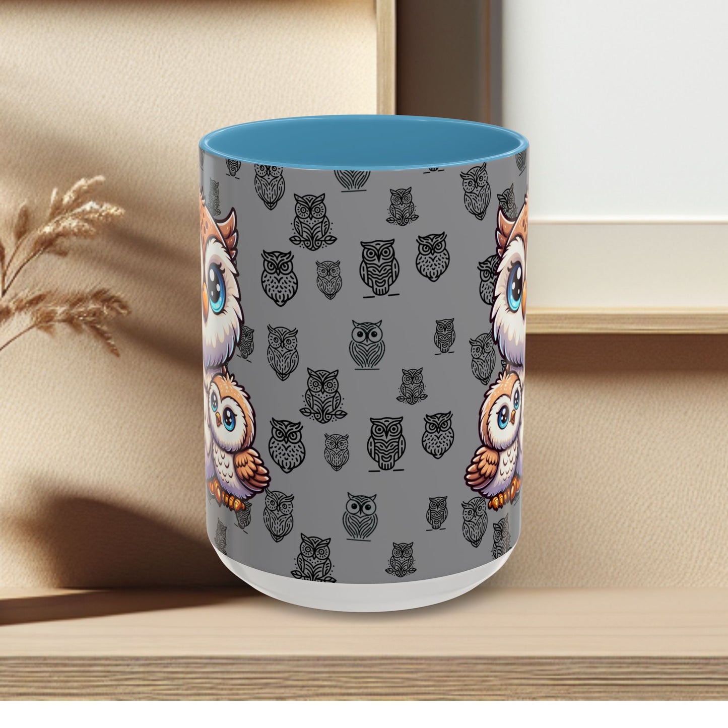 Gray Coffee Mug - Owl Family - Colorful Inspirational Owl Design
