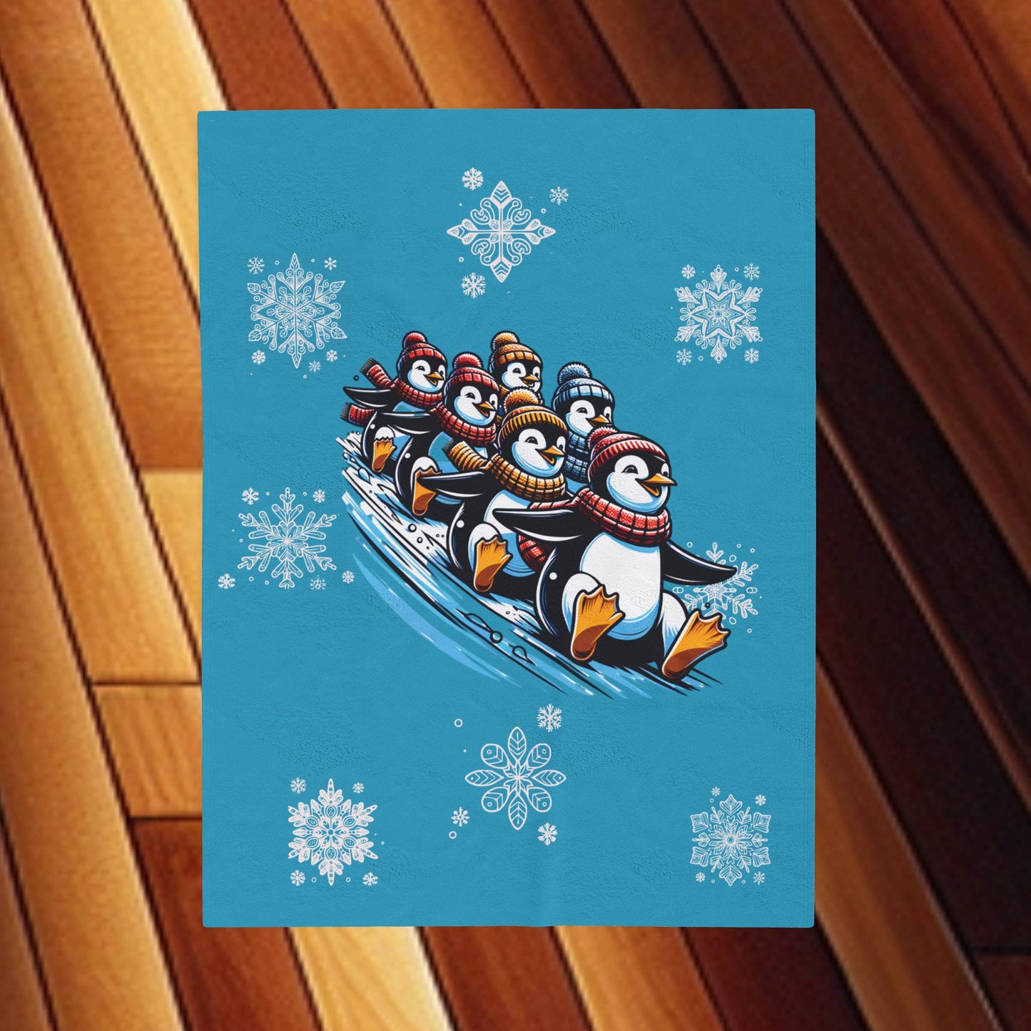 Sledding Penguins - Velveteen Plush Blanket