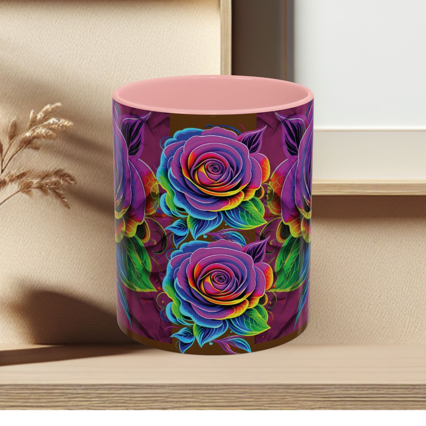 Rainbow Rose Accent Coffee Mug — Colorful Floral 11/15oz
