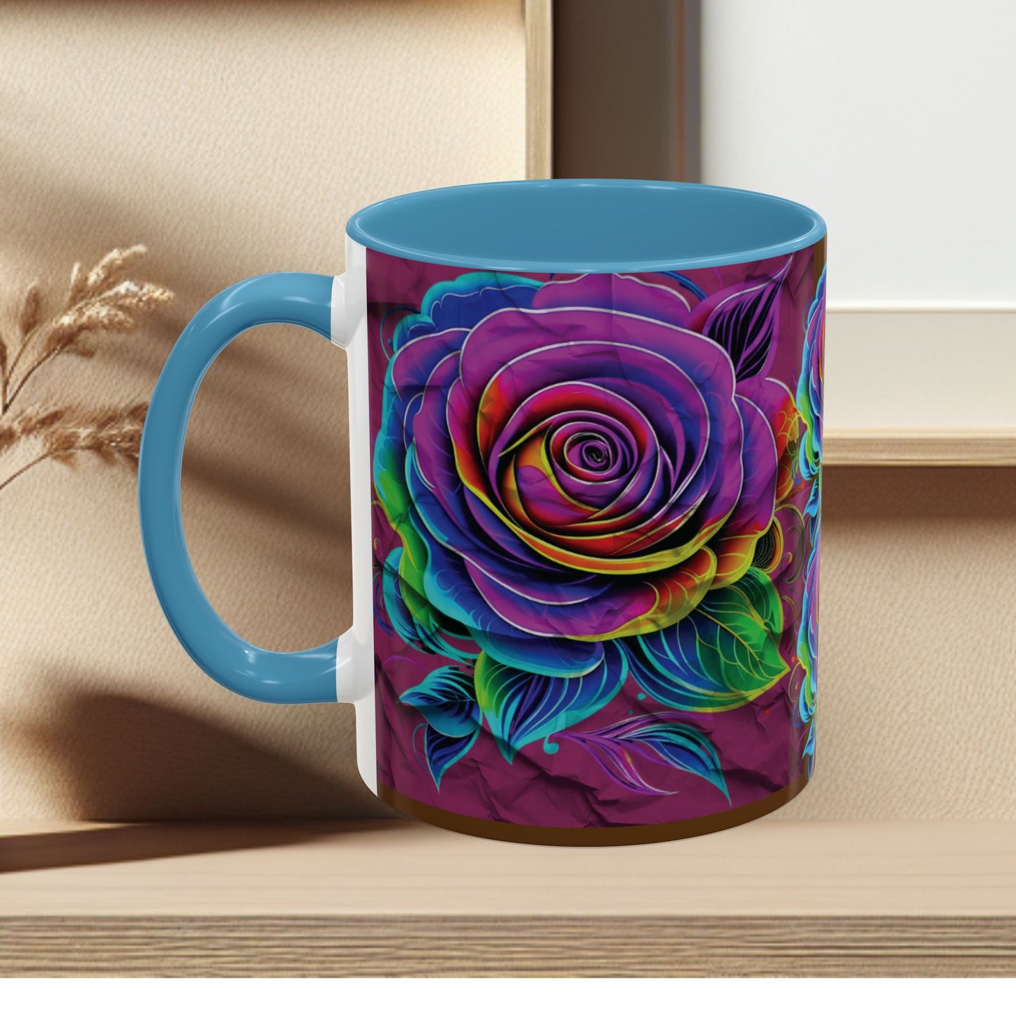 Rainbow Rose Accent Coffee Mug — Colorful Floral 11/15oz