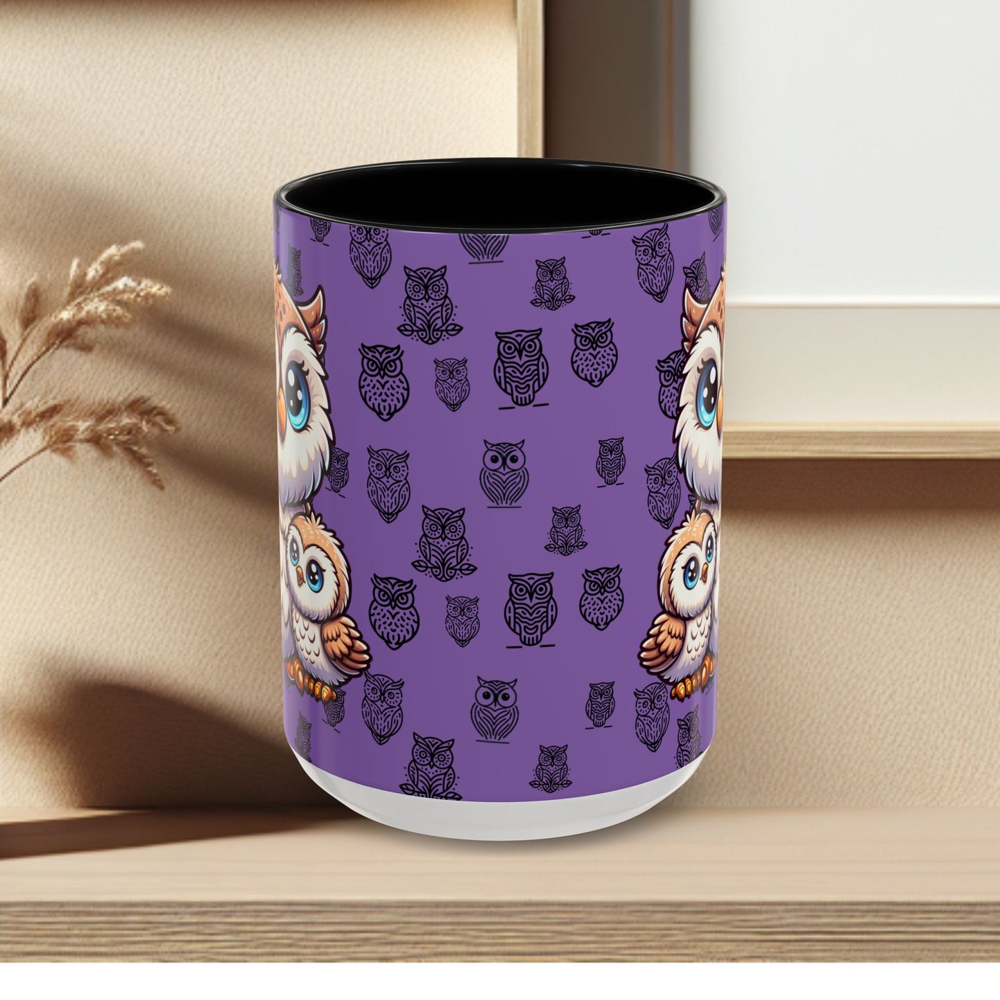 Purple Coffee Mug - Owl Family - Colorful Inspirational Owl Design