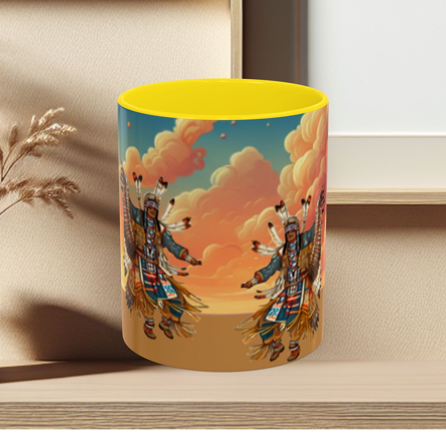 Sunset Powwow Ceramic Mug — Native American Dancer Accent Coffee Mug (11/15oz)