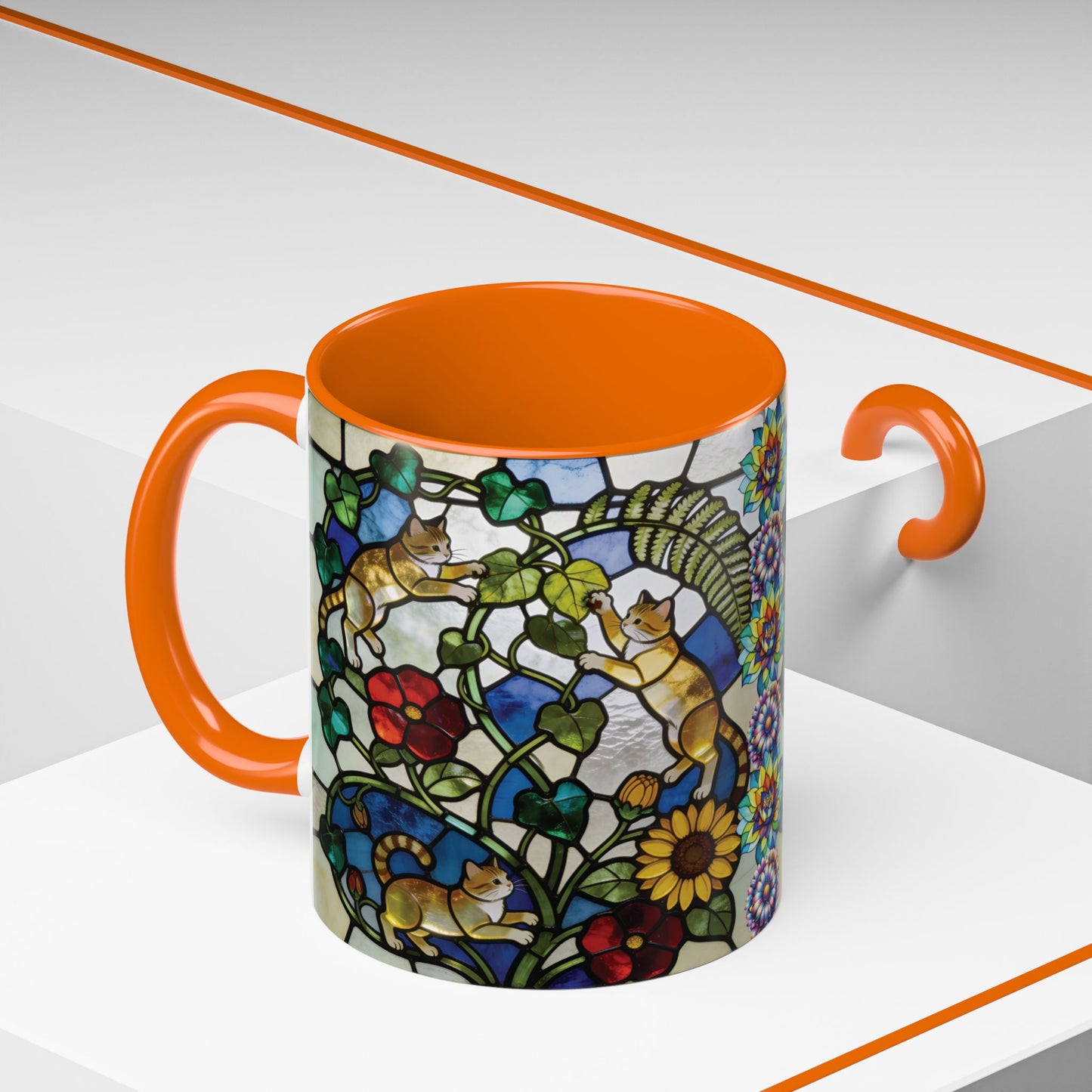Stained Glass Cats Accent Coffee Mug – Floral Tiffany-Style 11/15oz