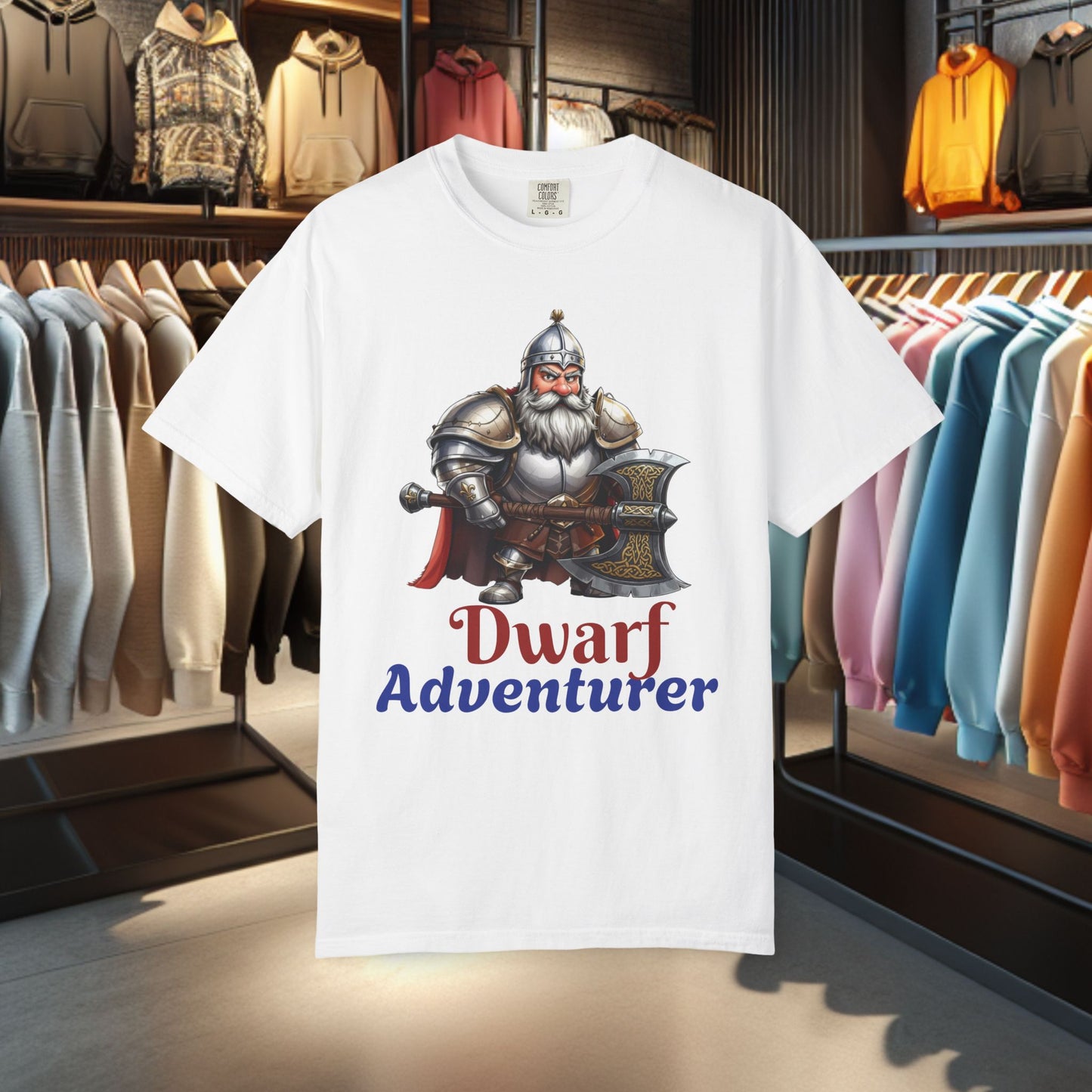 Dwarf Adventurer Tee — Dwarf with Armor and Battle Axe Graphic T-Shirt