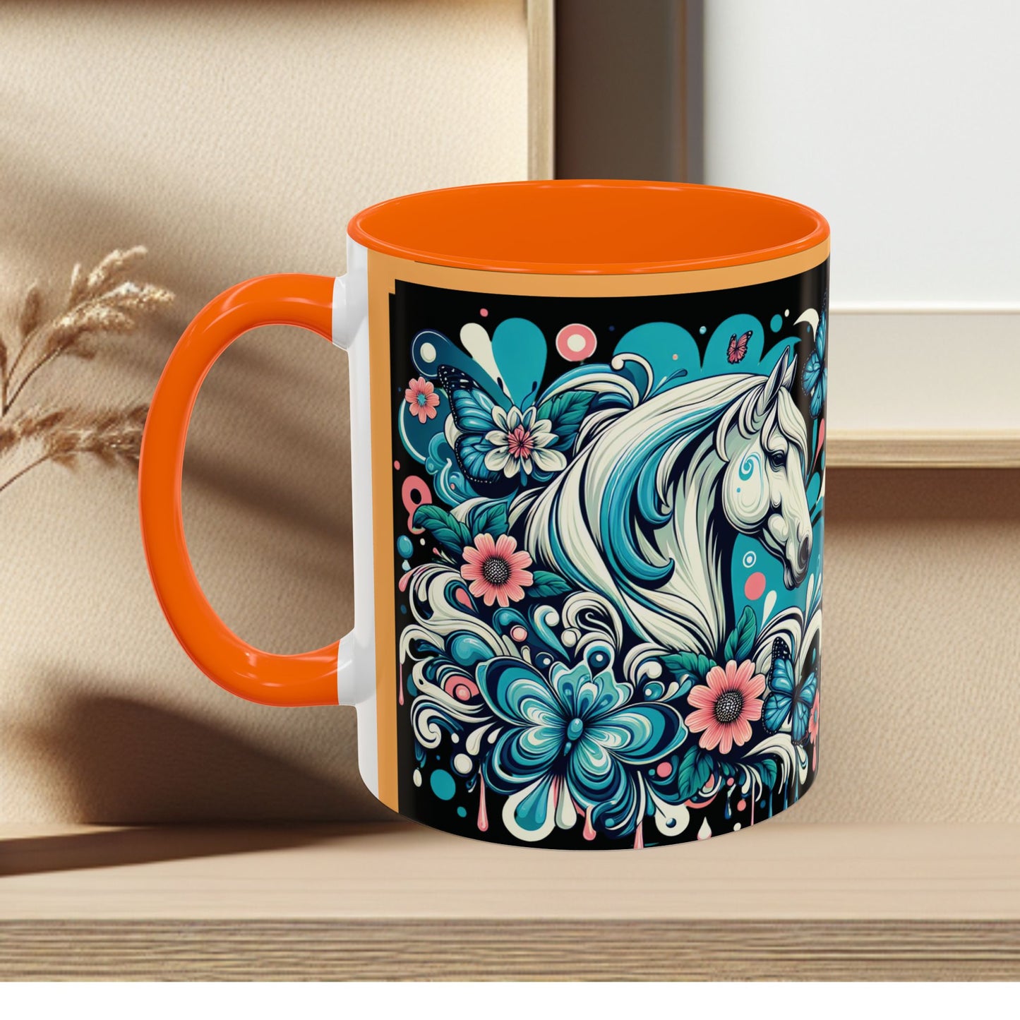 Coffee Mug White Horses with Blue Highlights in Flowers - Mug