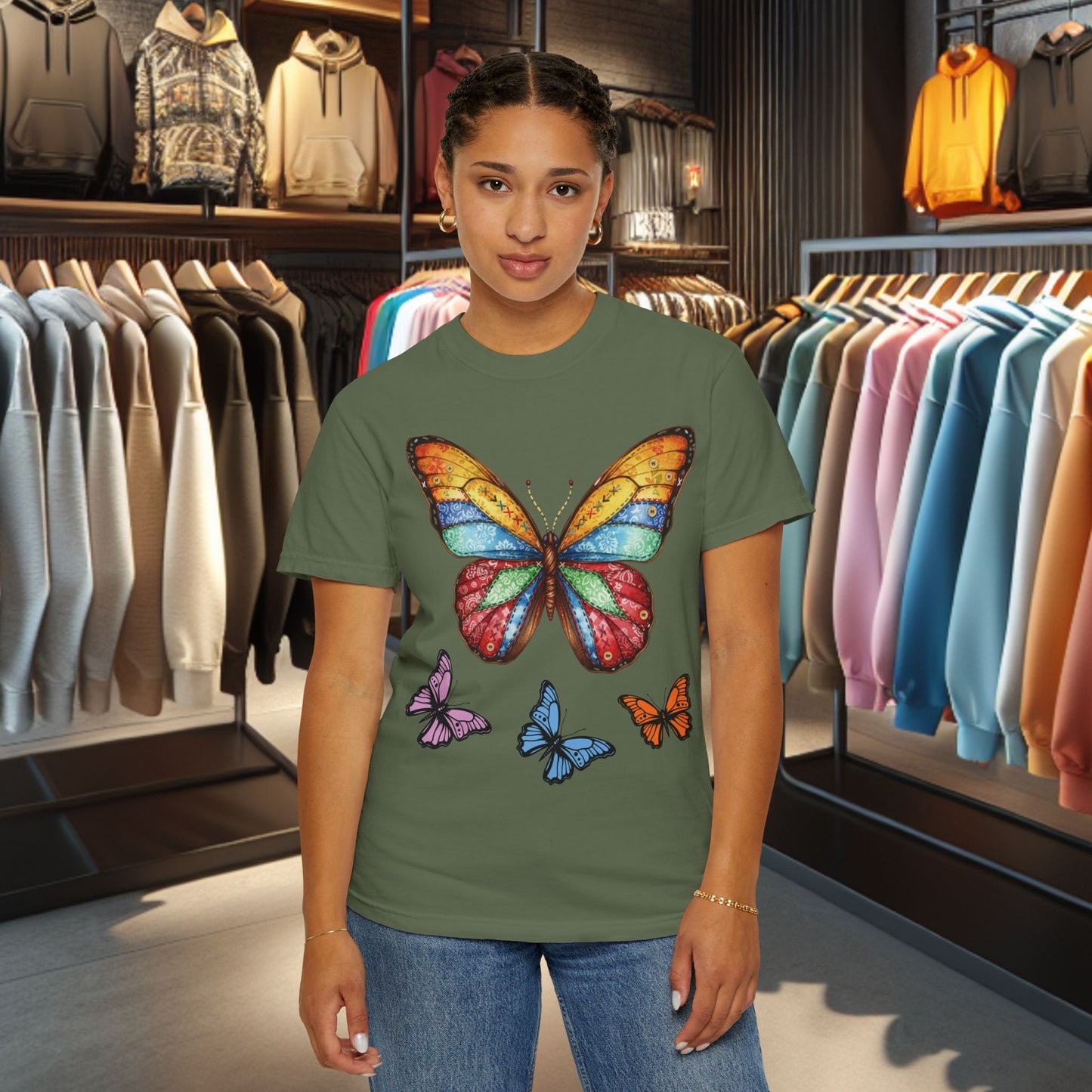 Bright Colorful Patchwork Butterfly T-Shirt — pho Patchwork Garment-Dyed Top