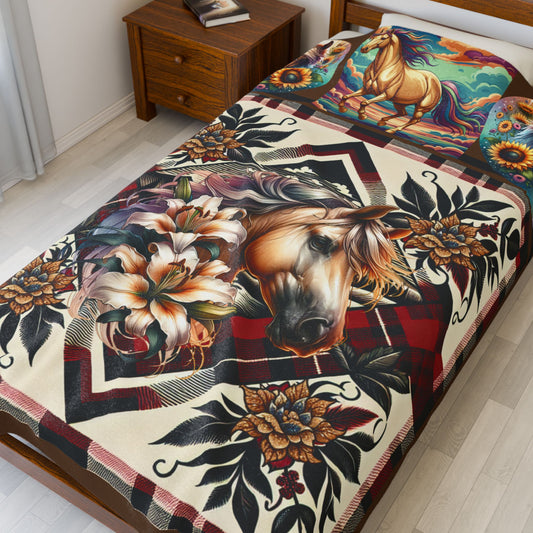 Tan Horse Velveteen Plush Blanket – Tan Horse with Flowers Cozy Western Throw