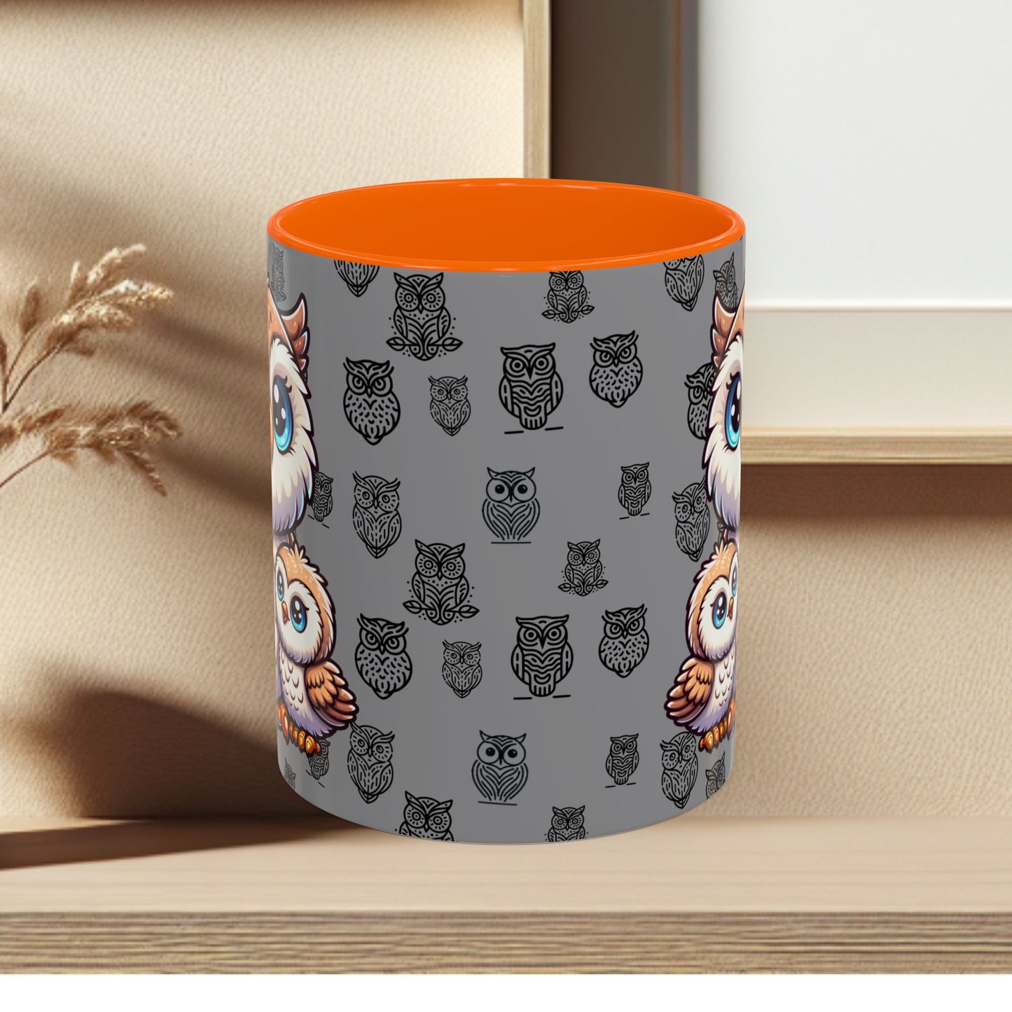 Gray Coffee Mug - Owl Family - Colorful Inspirational Owl Design