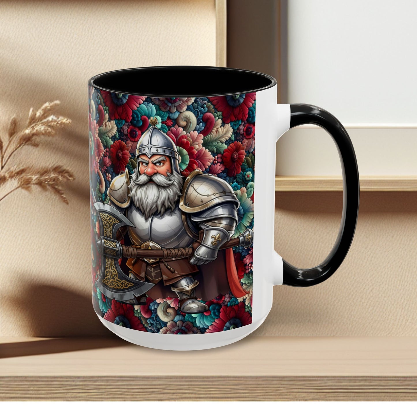 Adventurers Accent Coffee Mug — Dwarf within Armor with a Double-Bladed Battle Axe Design (11/15oz)