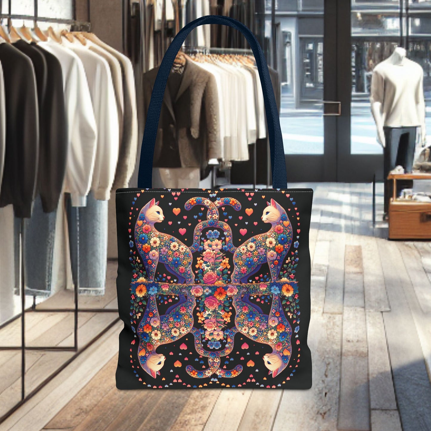 Mosaic Loving Cat Black Tote Bag (AOP)
