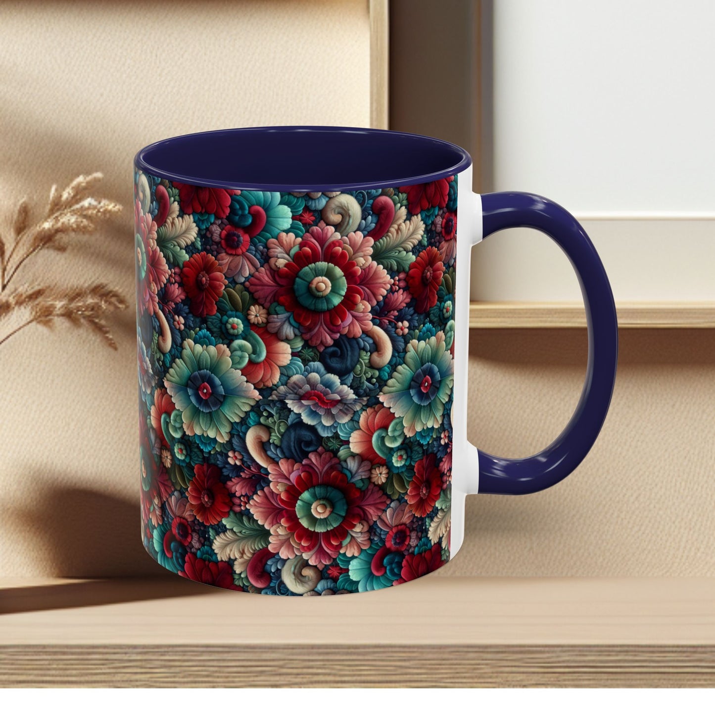Beautiful Floral Pattern Accent Coffee Mug — Vibrant Vintage Bloom Design (11/15oz)