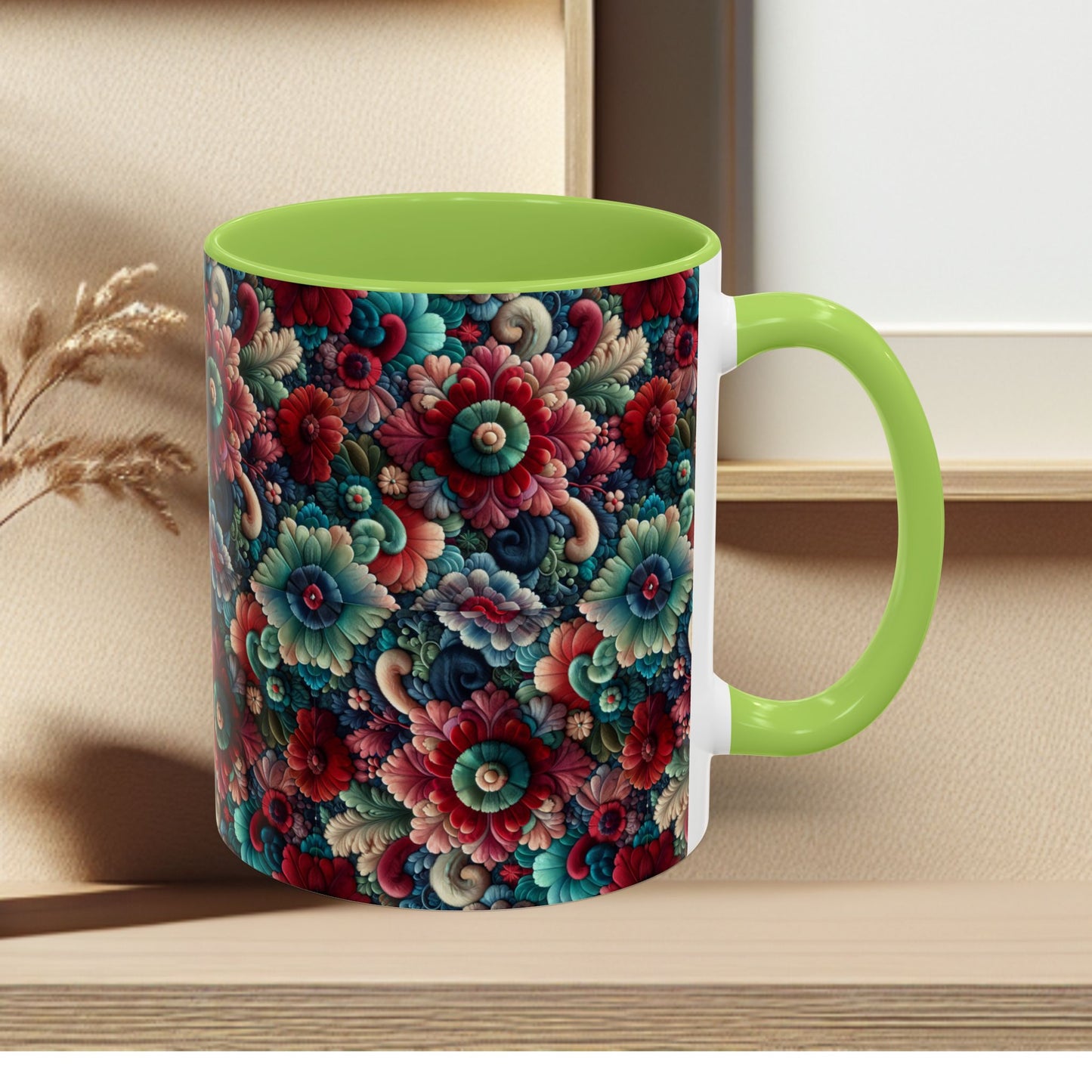 Beautiful Floral Pattern Accent Coffee Mug — Vibrant Vintage Bloom Design (11/15oz)