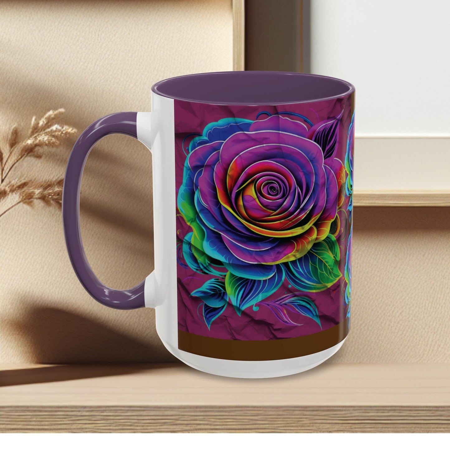 Rainbow Rose Accent Coffee Mug — Colorful Floral 11/15oz