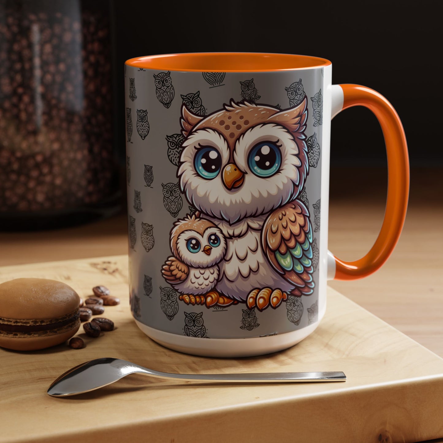 Gray Coffee Mug - Owl Family - Colorful Inspirational Owl Design