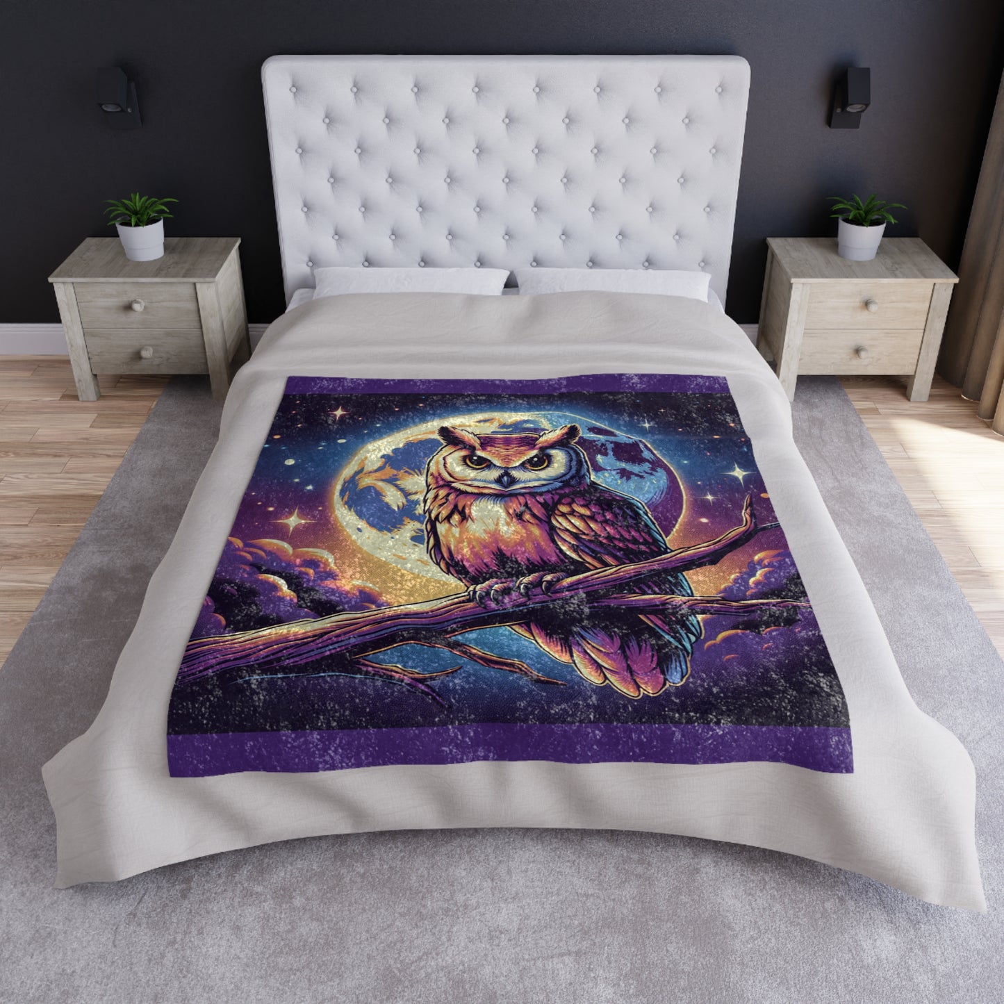 Owl Moon Crushed Velvet Blanket — Mystical Night Sky Throw