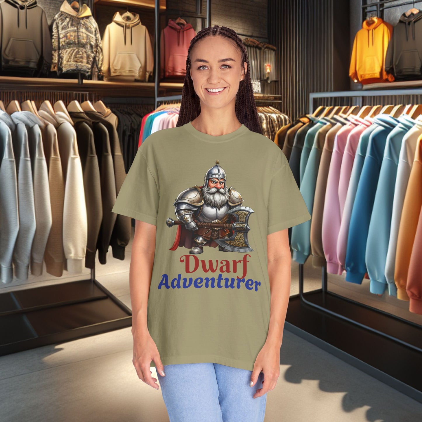 Dwarf Adventurer Tee — Dwarf with Armor and Battle Axe Graphic T-Shirt