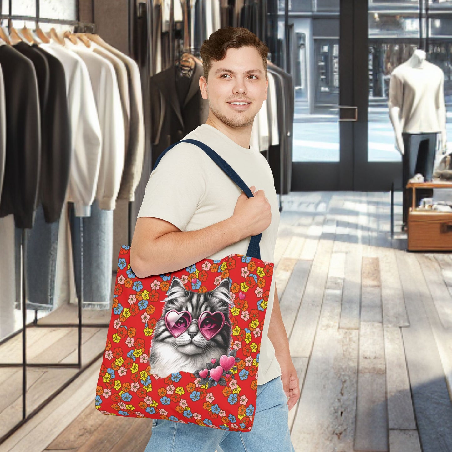 Kitty Ride Tote Bag with Flowered Red Design