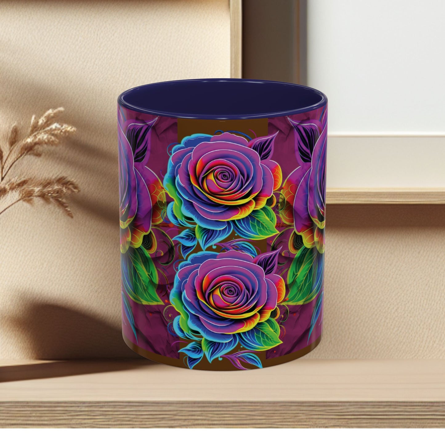 Rainbow Rose Accent Coffee Mug — Colorful Floral 11/15oz