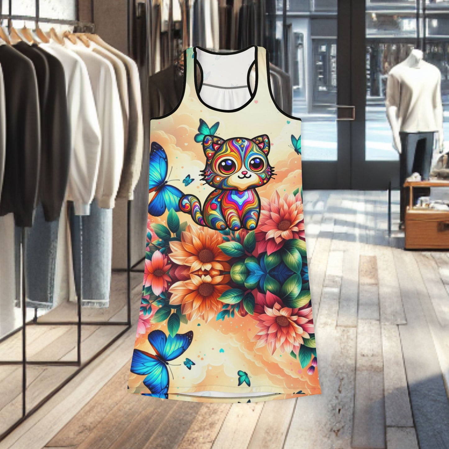 Playfulness to Sunny Days Gradient Racerback Dress — Groovy Multi Color Kitty - AOP Dress