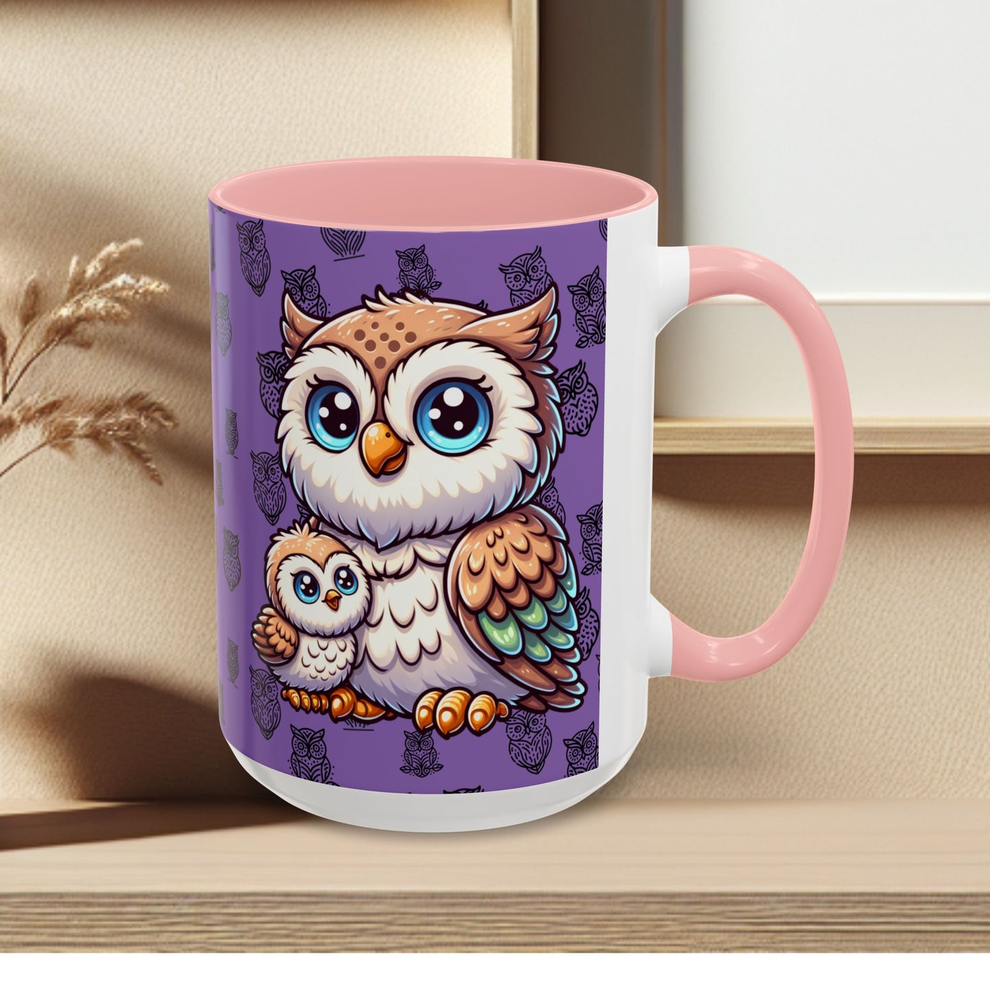 Purple Coffee Mug - Owl Family - Colorful Inspirational Owl Design