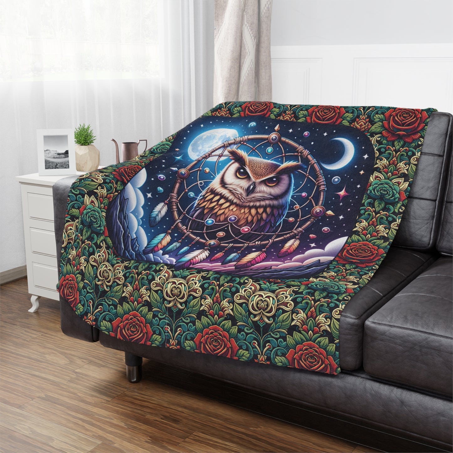 Owl Dreamcatcher Minky Blanket – Boho Night Sky Throw with Roses
