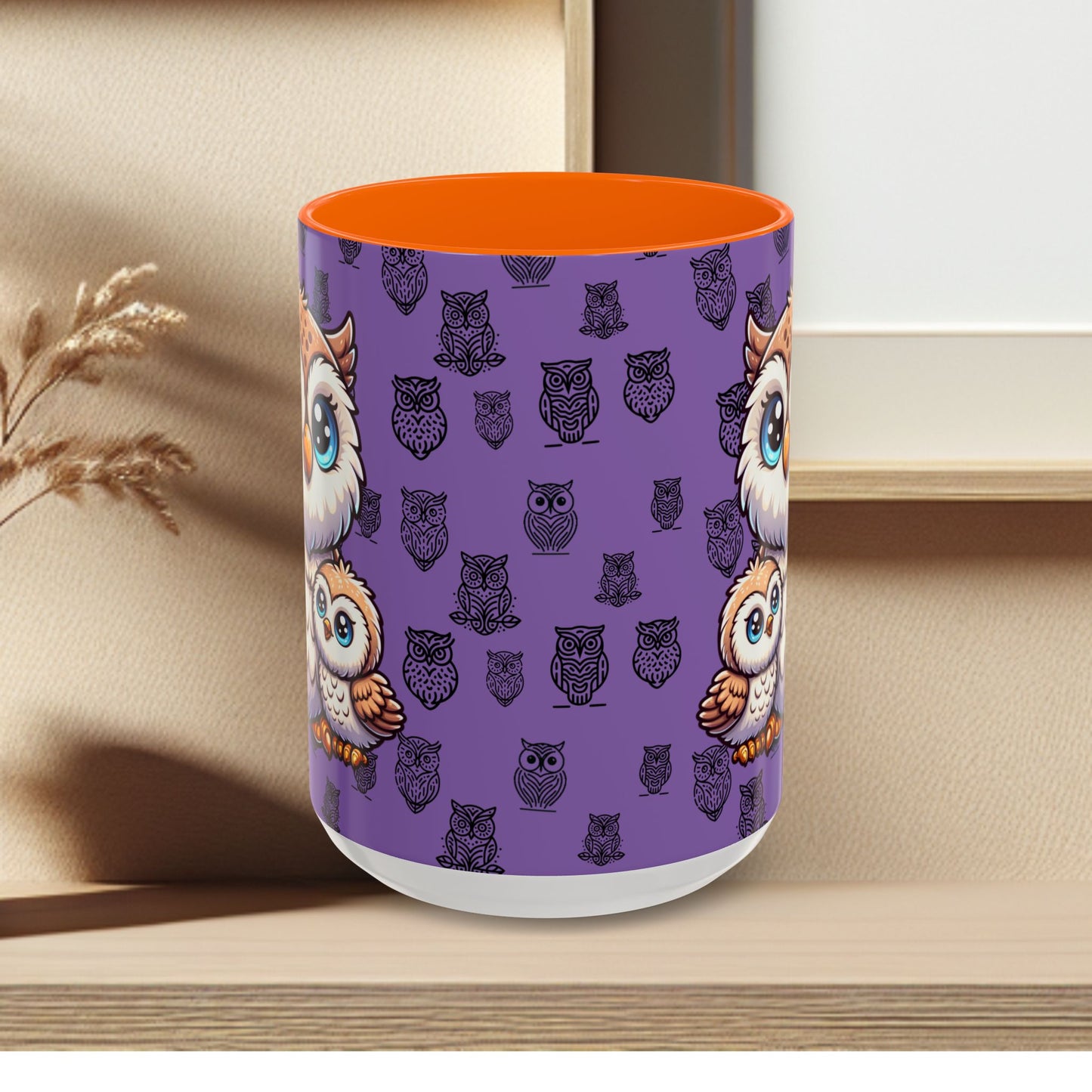Purple Coffee Mug - Owl Family - Colorful Inspirational Owl Design