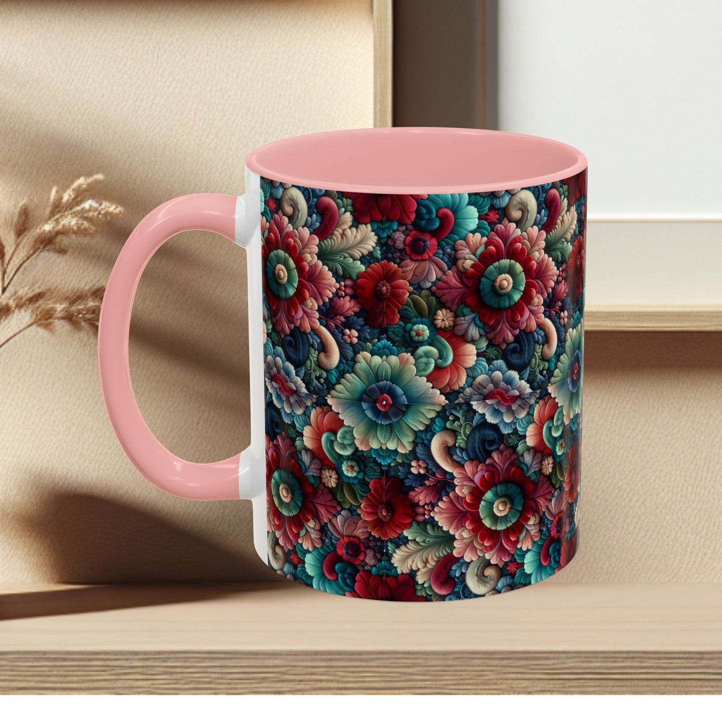 Beautiful Floral Pattern Accent Coffee Mug — Vibrant Vintage Bloom Design (11/15oz)