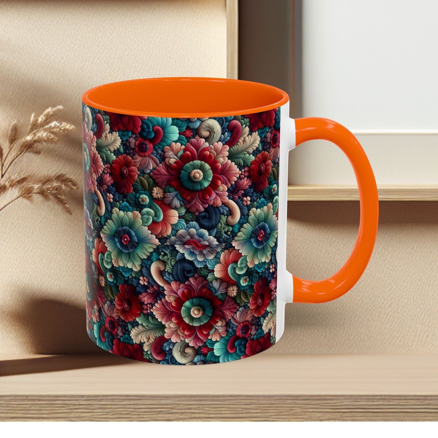 Beautiful Floral Pattern Accent Coffee Mug — Vibrant Vintage Bloom Design (11/15oz)
