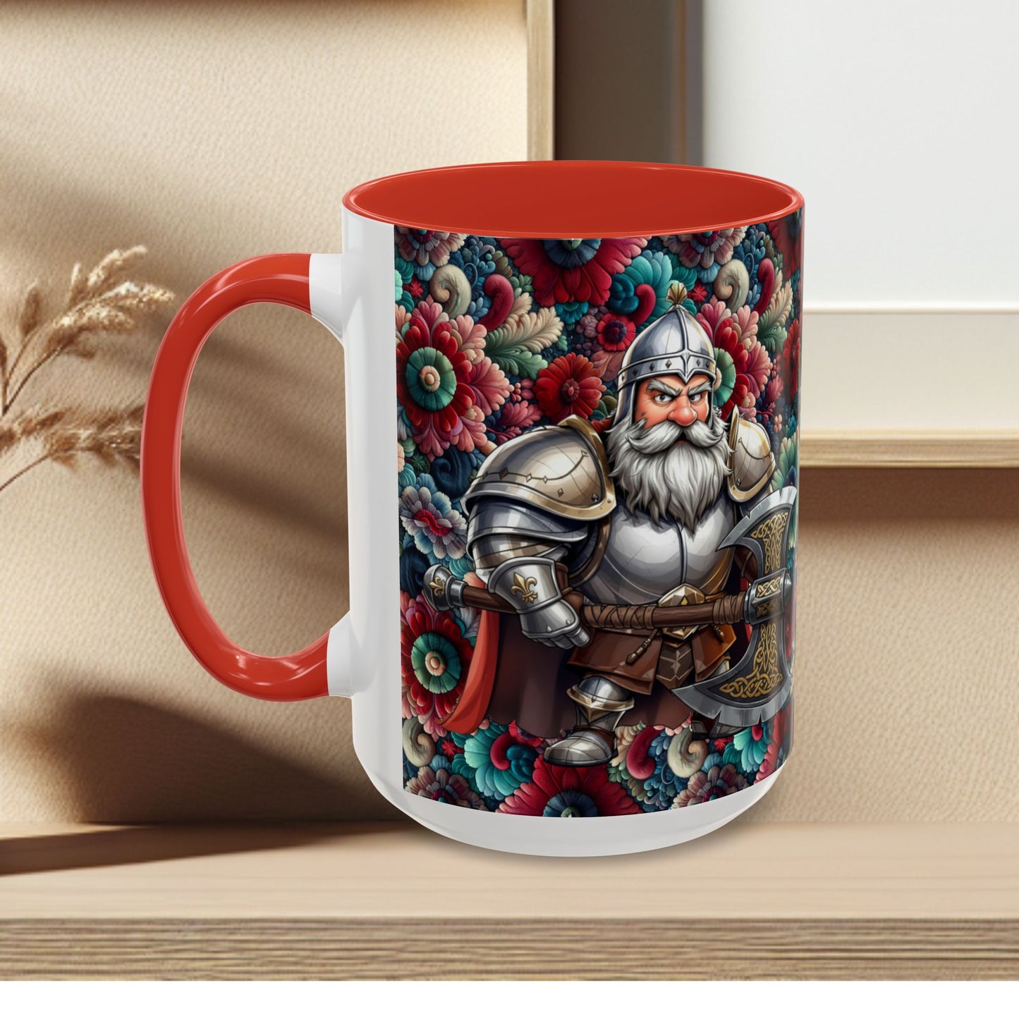 Adventurers Accent Coffee Mug — Dwarf within Armor with a Double-Bladed Battle Axe Design (11/15oz)