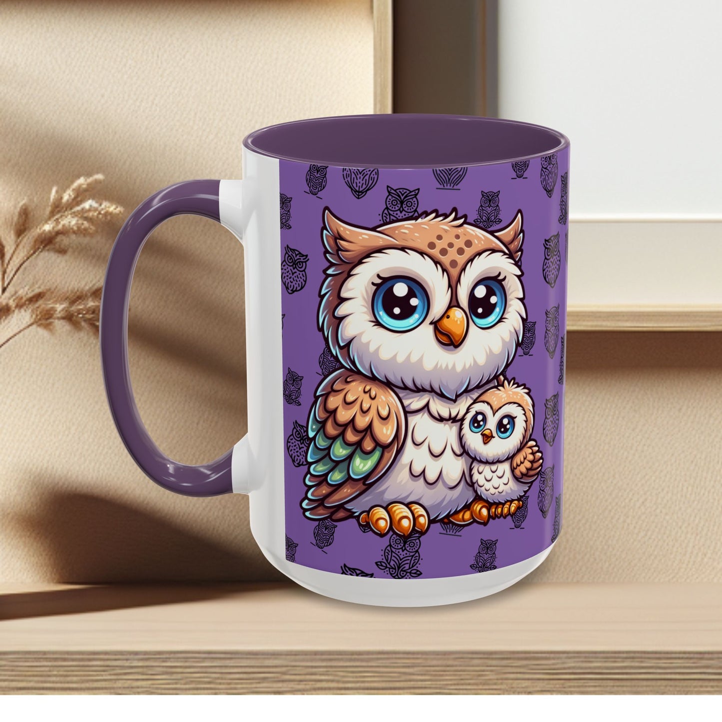 Purple Coffee Mug - Owl Family - Colorful Inspirational Owl Design