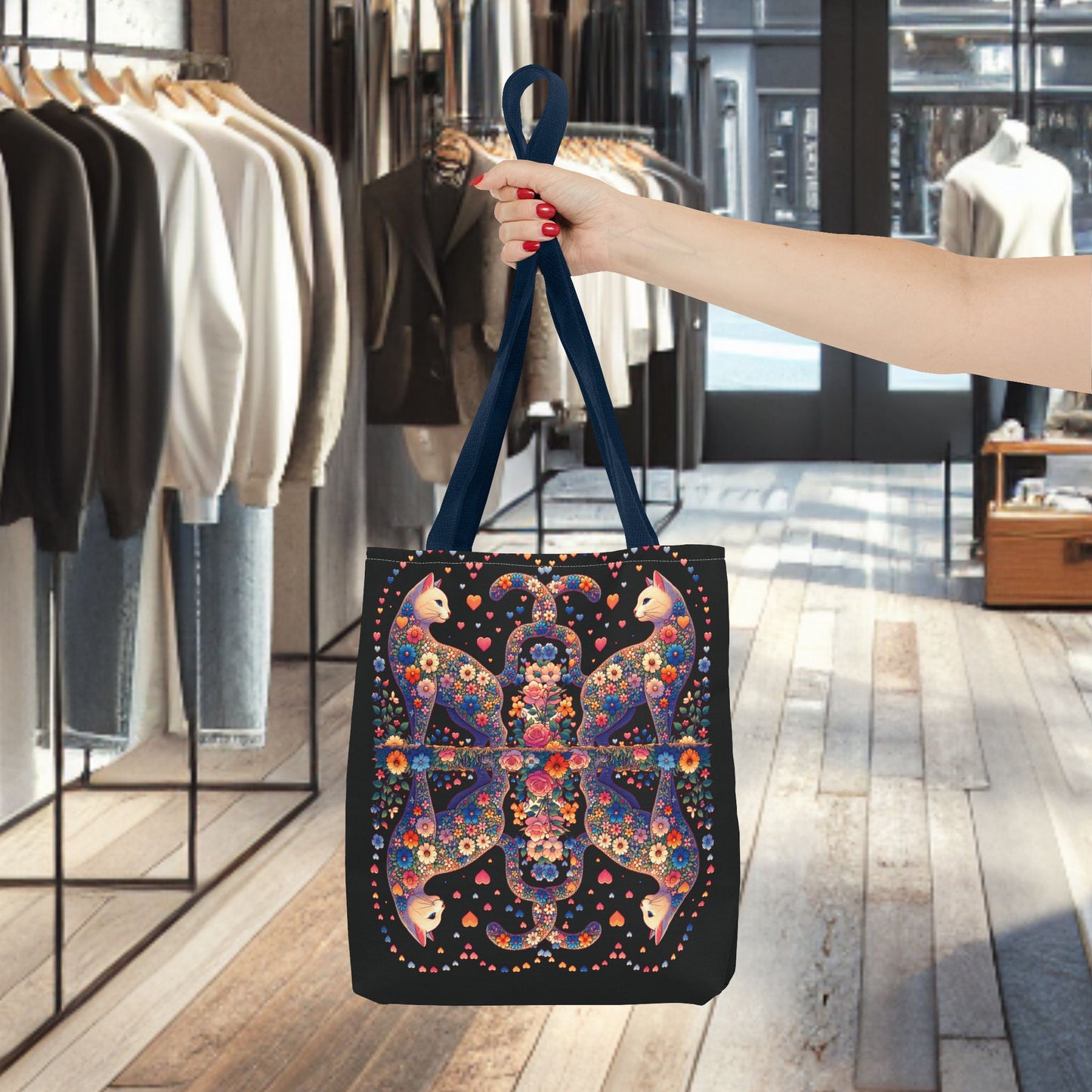Mosaic Loving Cat Black Tote Bag (AOP)