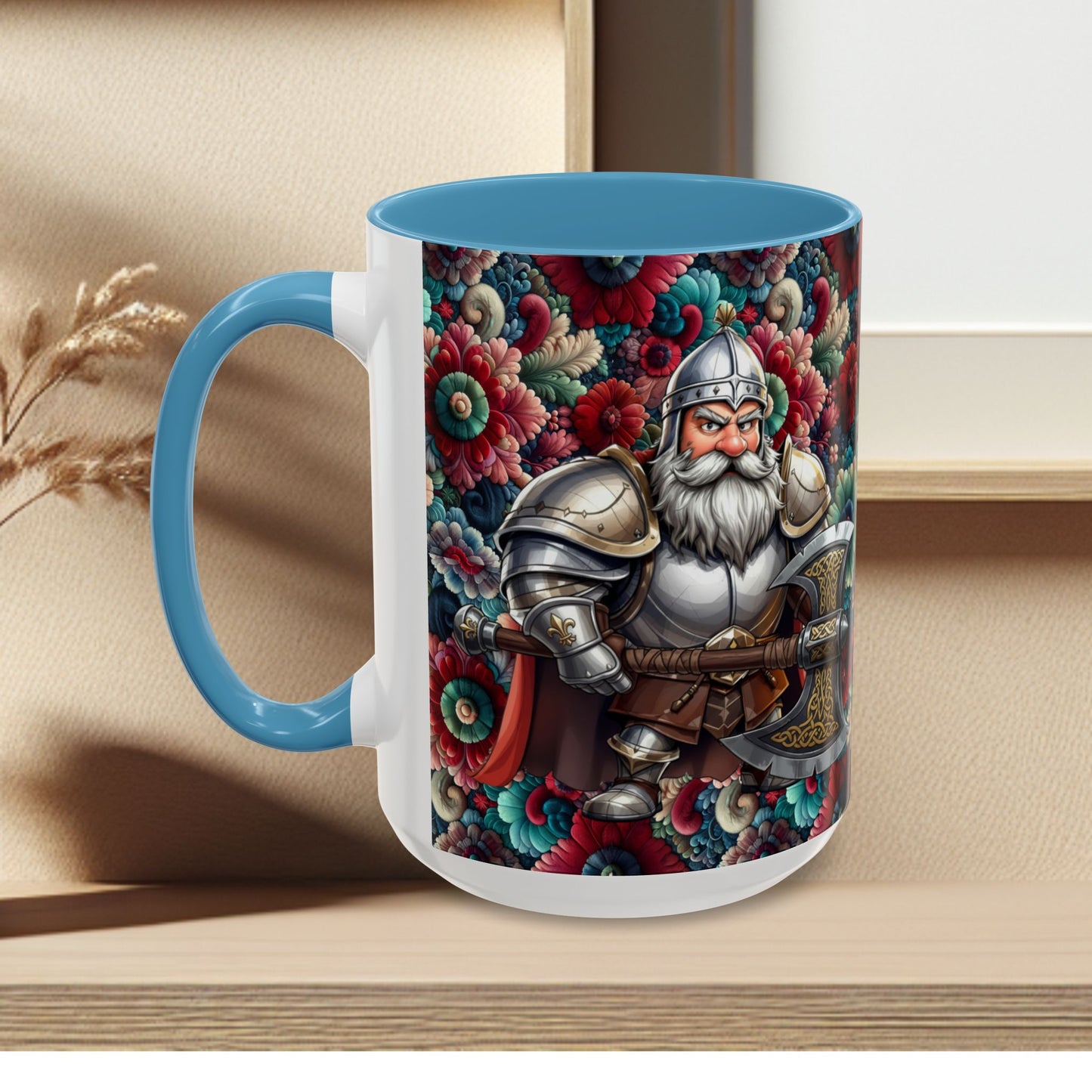 Adventurers Accent Coffee Mug — Dwarf within Armor with a Double-Bladed Battle Axe Design (11/15oz)