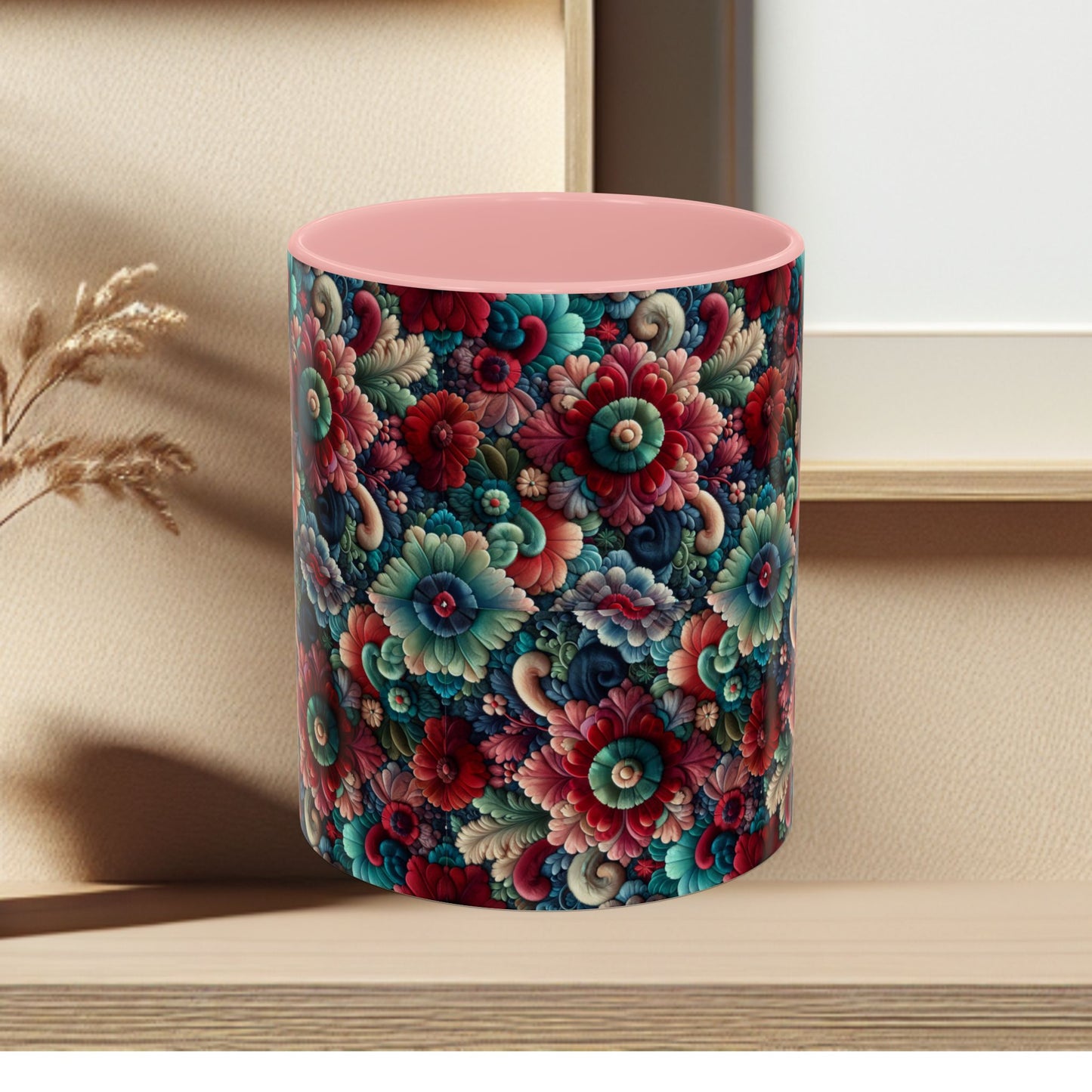 Beautiful Floral Pattern Accent Coffee Mug — Vibrant Vintage Bloom Design (11/15oz)