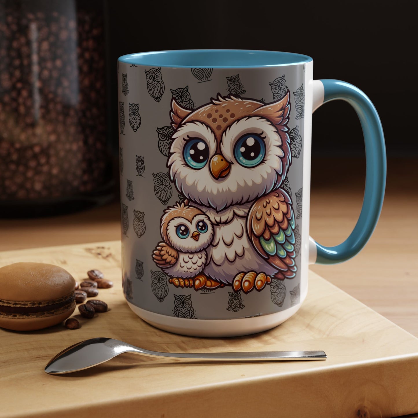 Gray Coffee Mug - Owl Family - Colorful Inspirational Owl Design
