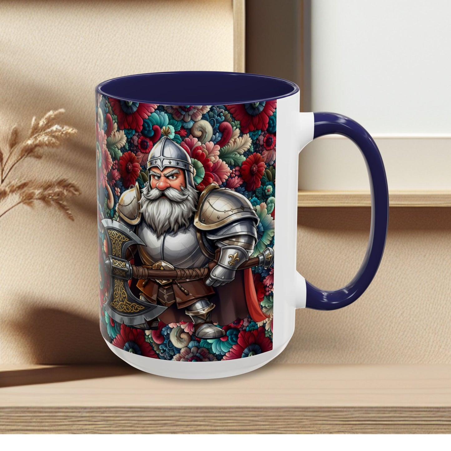 Adventurers Accent Coffee Mug — Dwarf within Armor with a Double-Bladed Battle Axe Design (11/15oz)