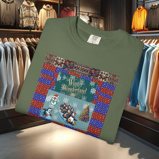 Vintage Winter Wonderland Penguins Ice Skating, Sledding, and Playing in the snow -Tee