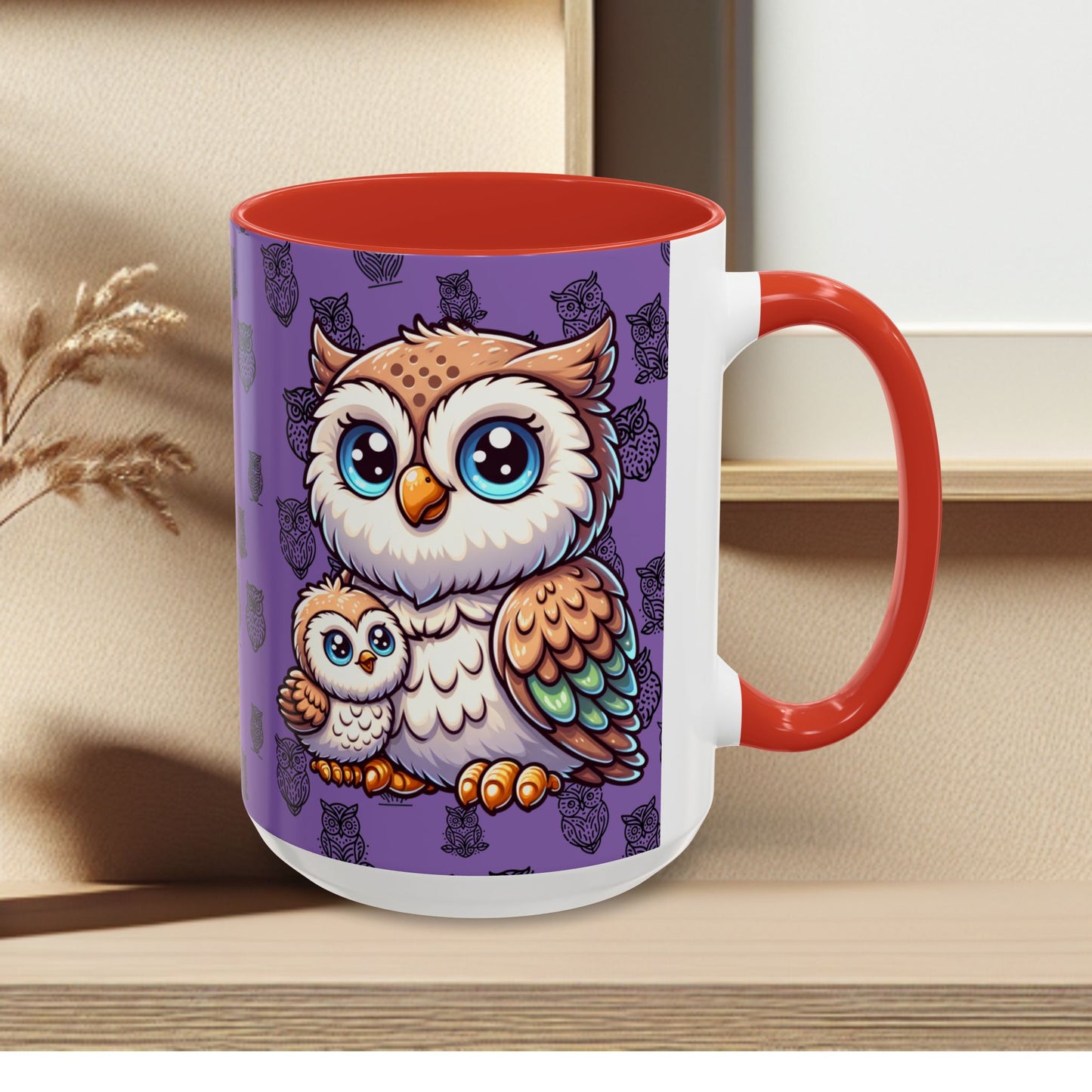 Purple Coffee Mug - Owl Family - Colorful Inspirational Owl Design