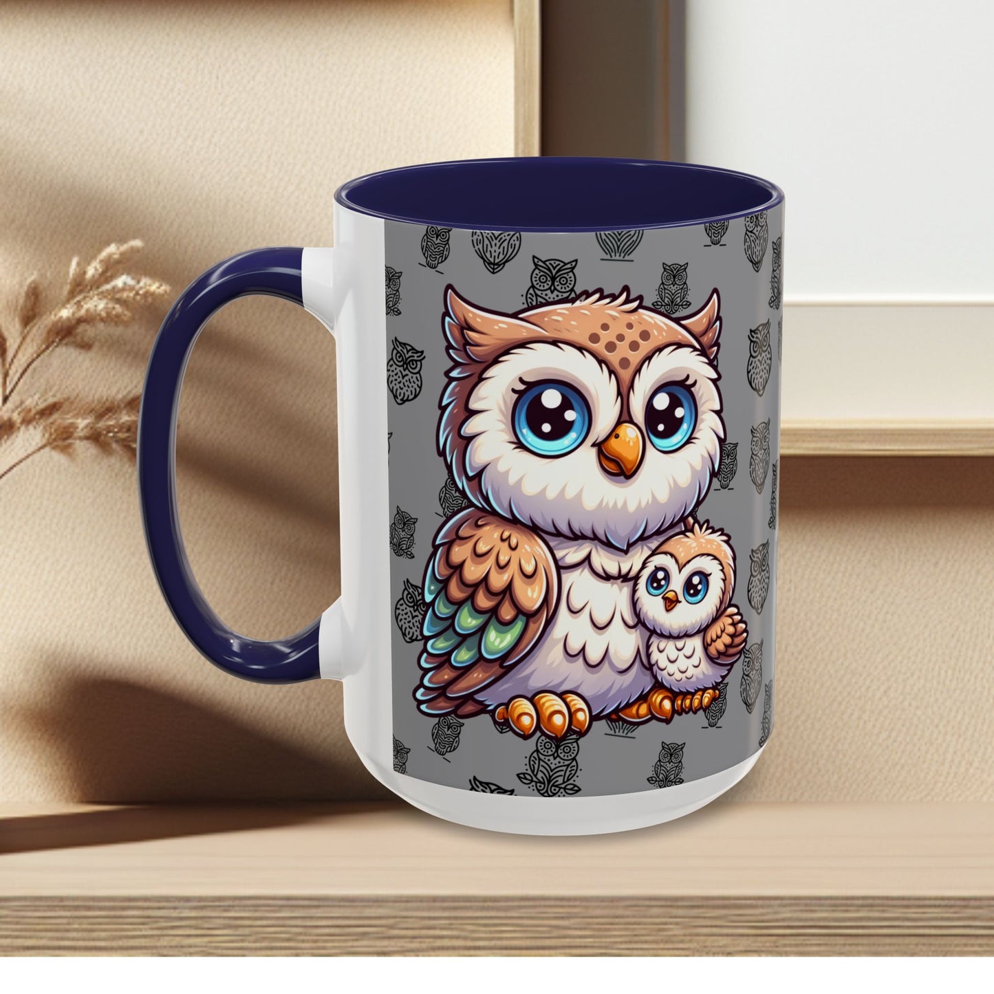 Gray Coffee Mug - Owl Family - Colorful Inspirational Owl Design