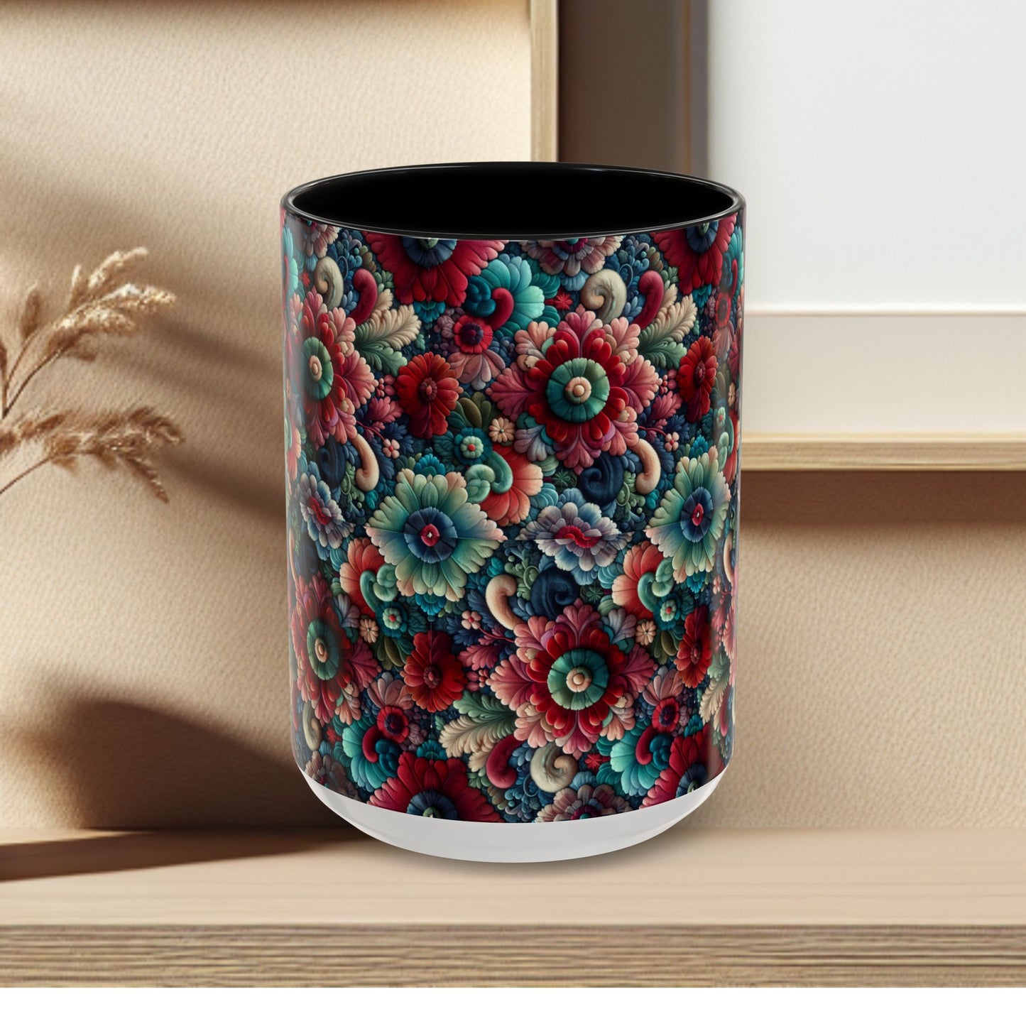 Beautiful Floral Pattern Accent Coffee Mug — Vibrant Vintage Bloom Design (11/15oz)