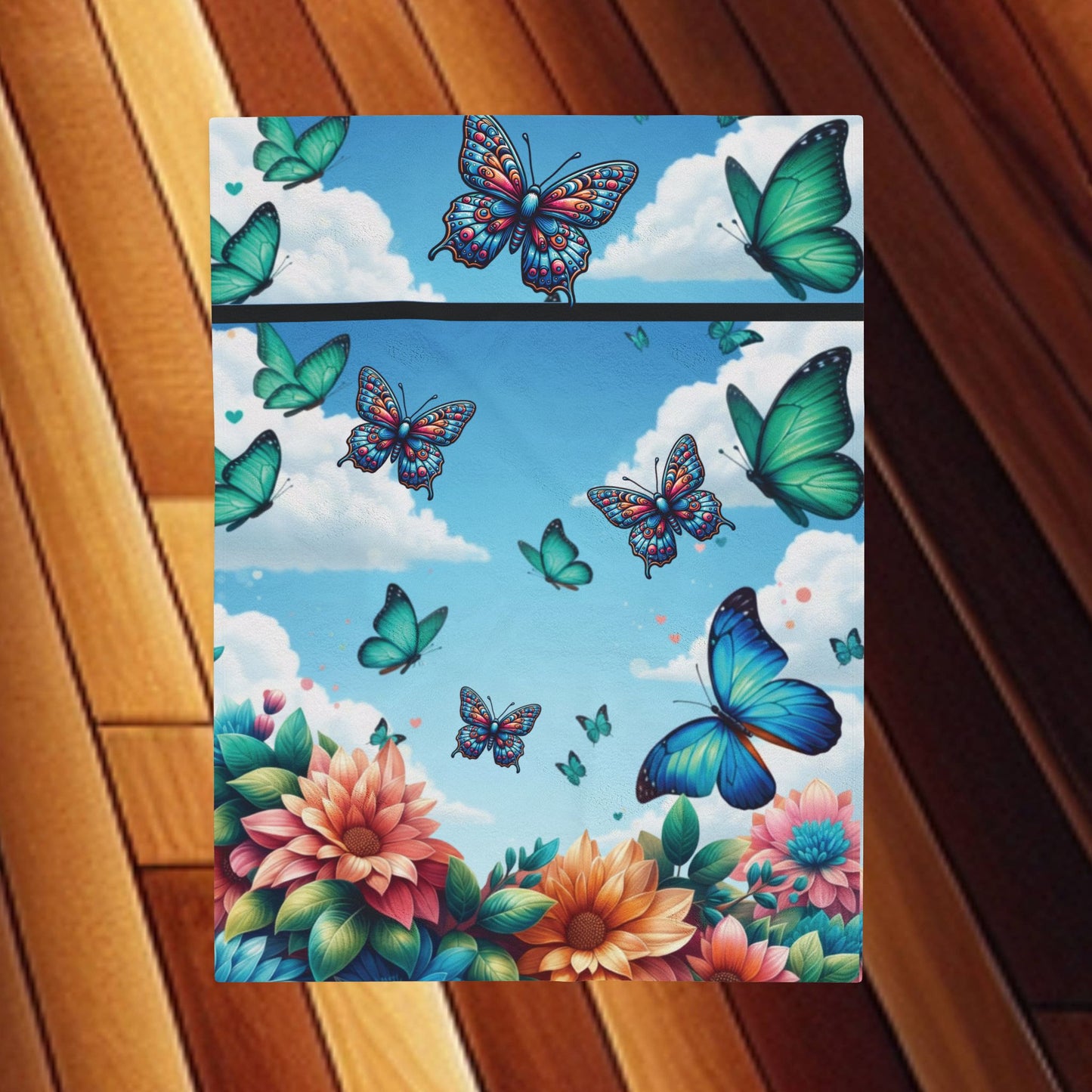 Butterfly Garden Velveteen Plush Blanket — Floral Blue Sky Cozy Throw for Women & Kids
