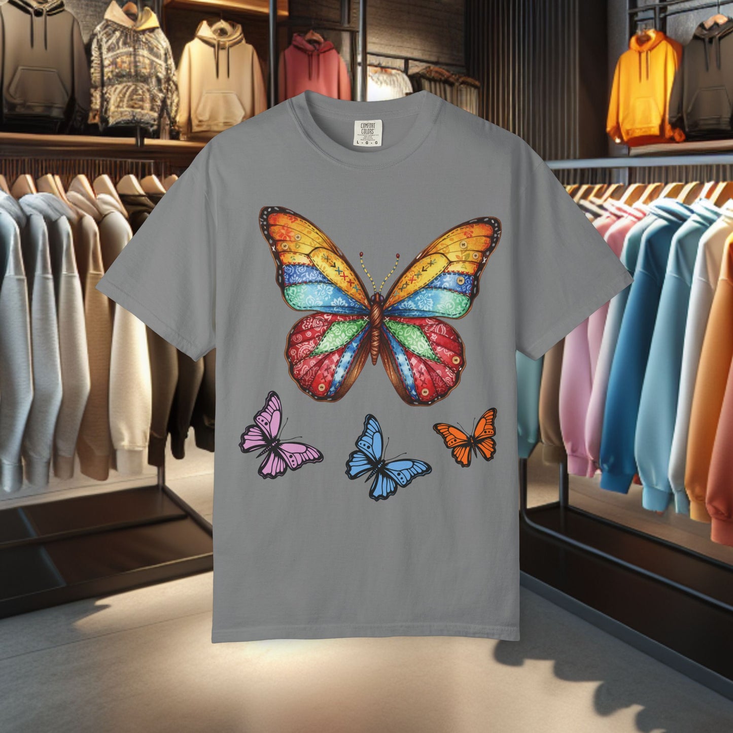 Bright Colorful Patchwork Butterfly T-Shirt — pho Patchwork Garment-Dyed Top