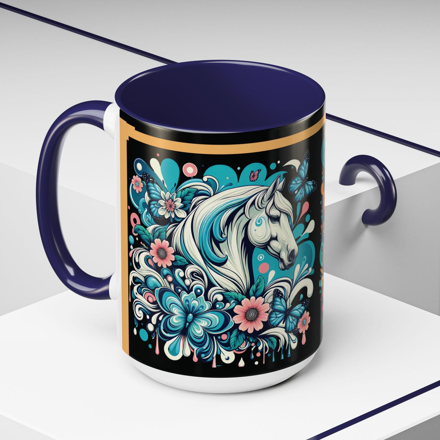 Coffee Mug White Horses with Blue Highlights in Flowers - Mug