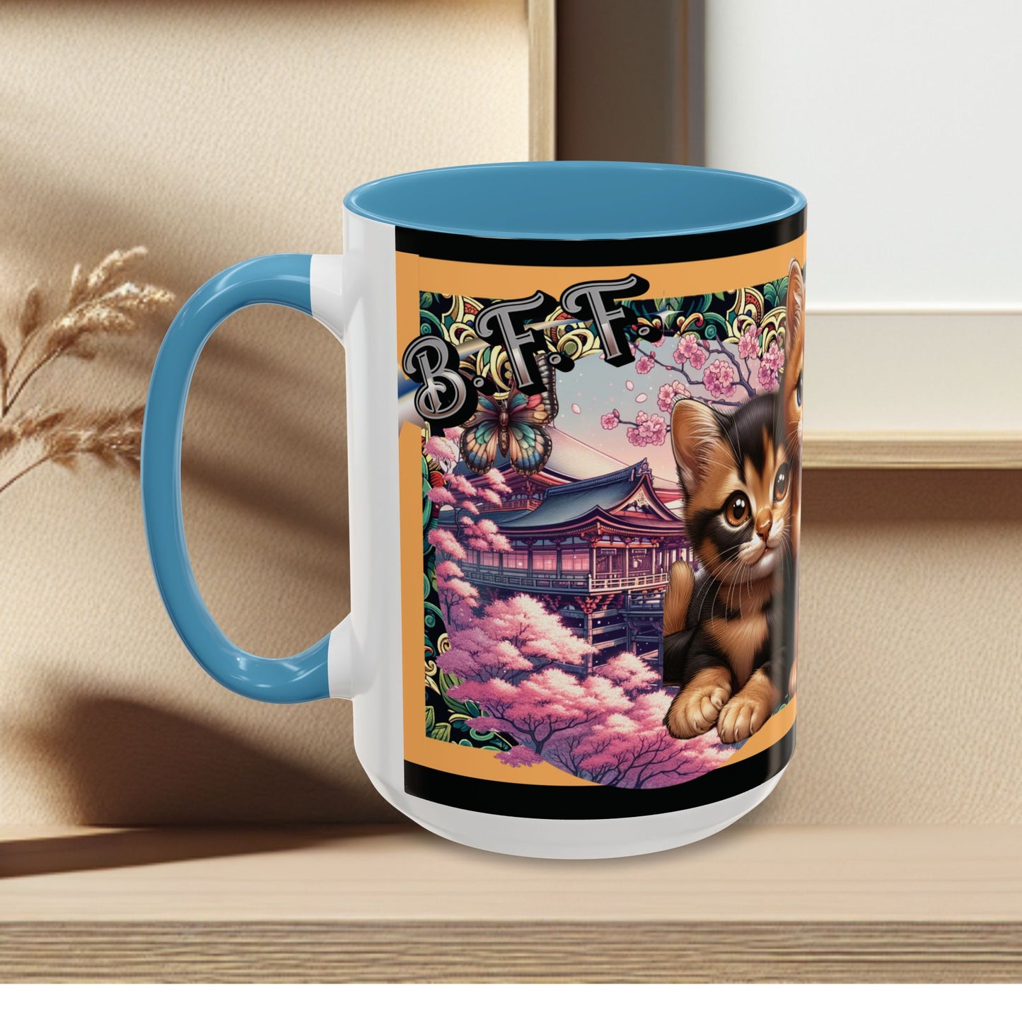Mug - 3 B F F kittens and Butterflies Coffee Mug with Cherry Blossoms
