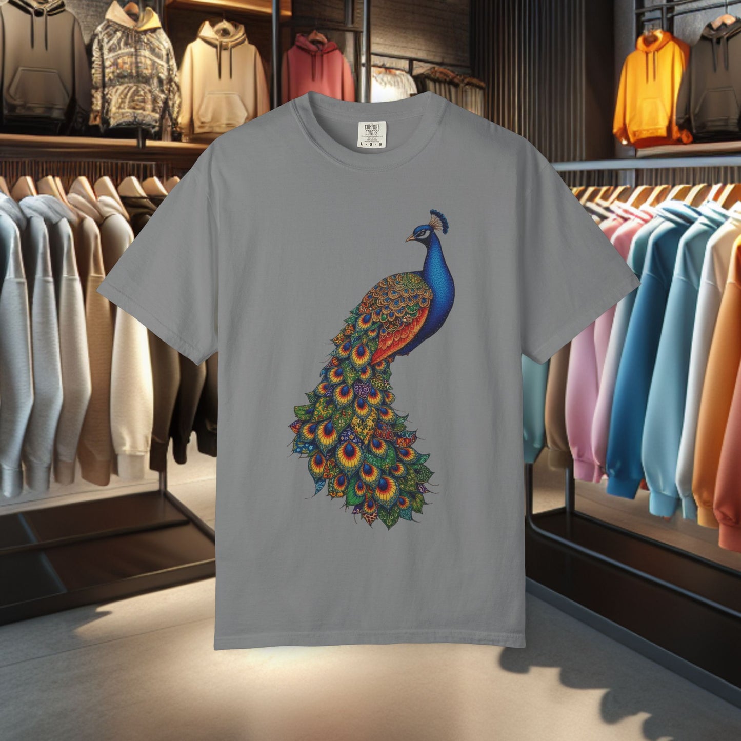 Patchwork Peacock, Garment-Dyed T-Shirt — pho Patchwork Festive Top